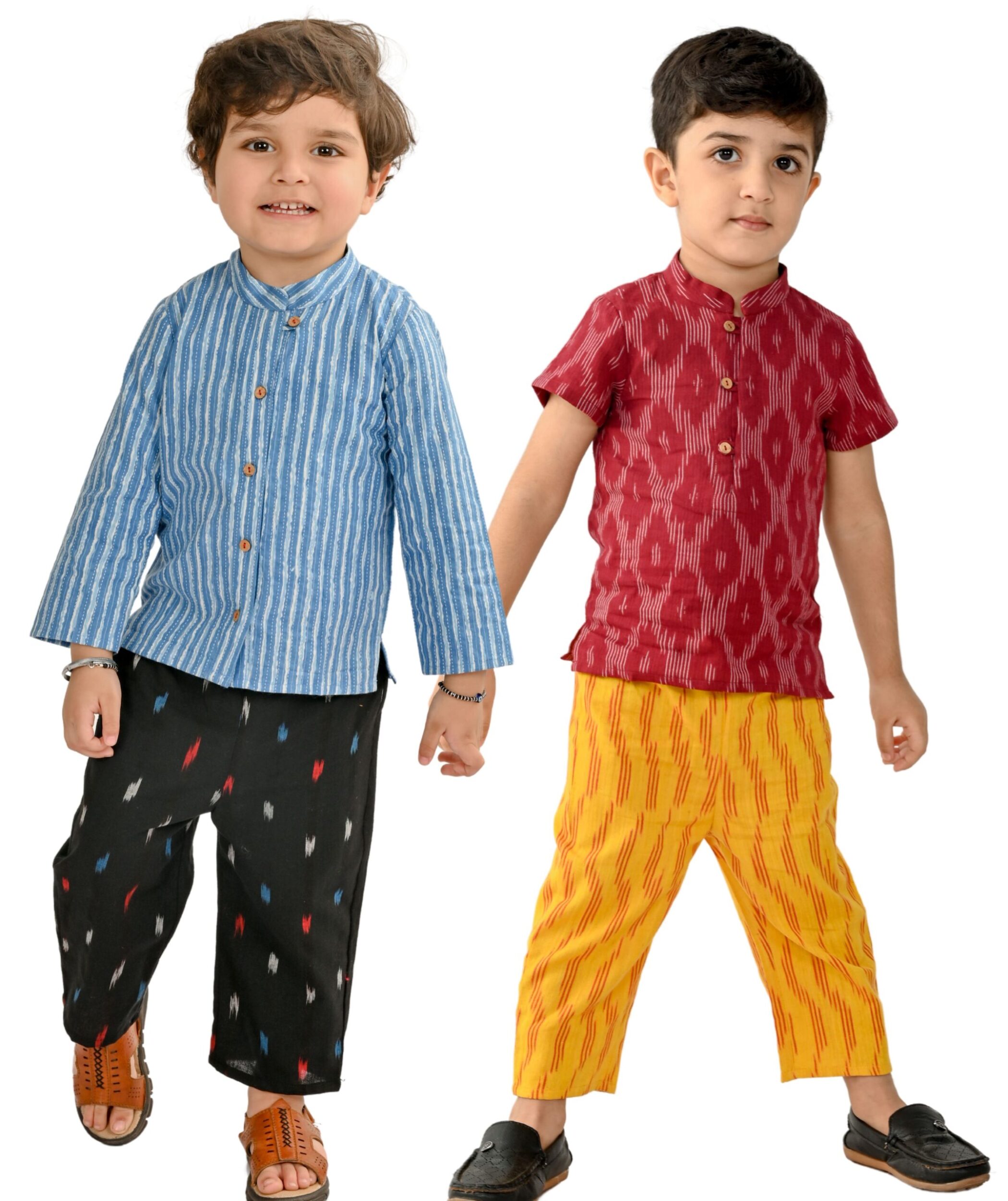 Baby Boys Cotton Shirt With Pant - Blue:Black & Maroon:Yellow Combo Set