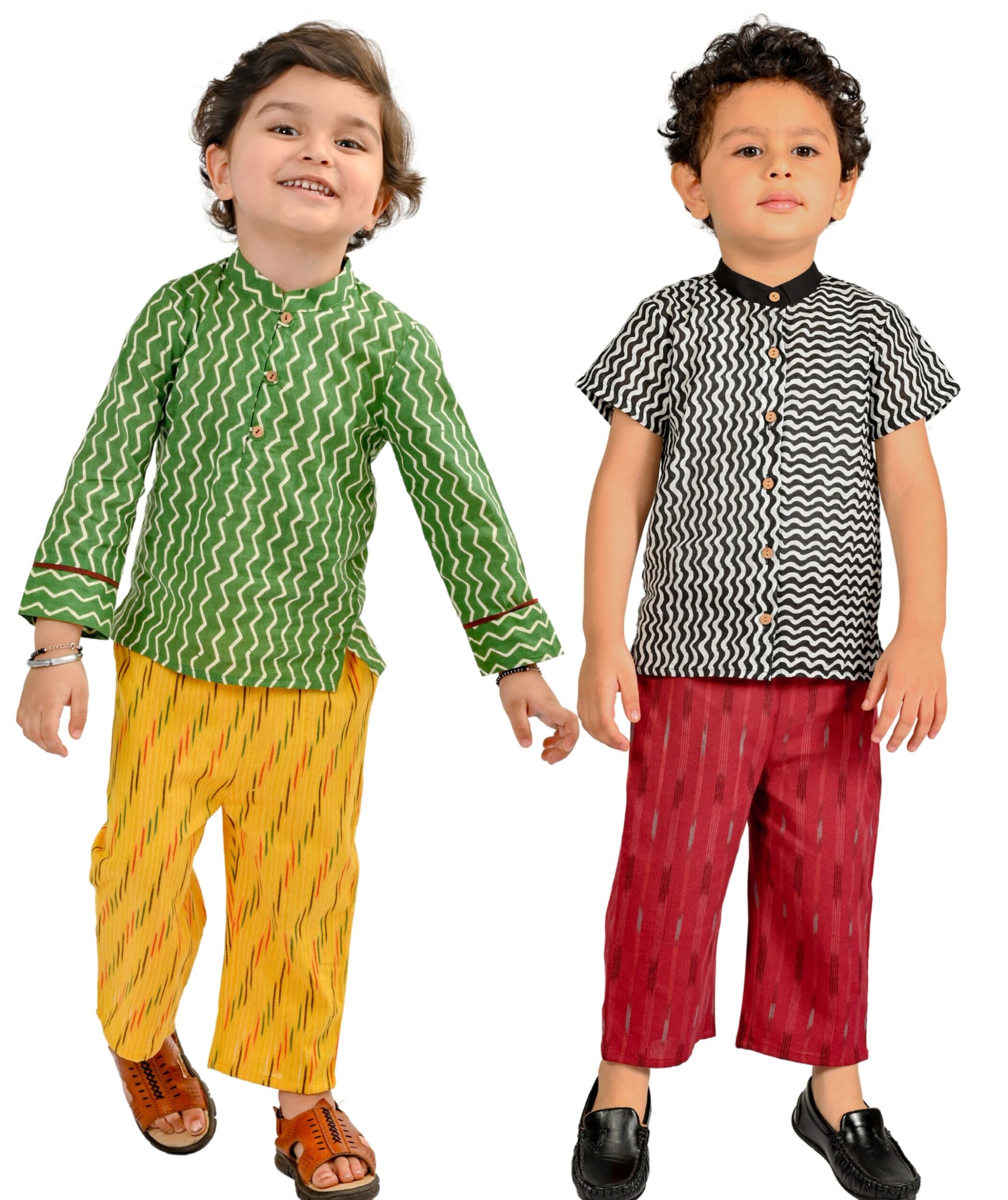 Baby Girls Cotton Clothes Top With Pant - Green:Yellow & Black:Maroon Combo Set