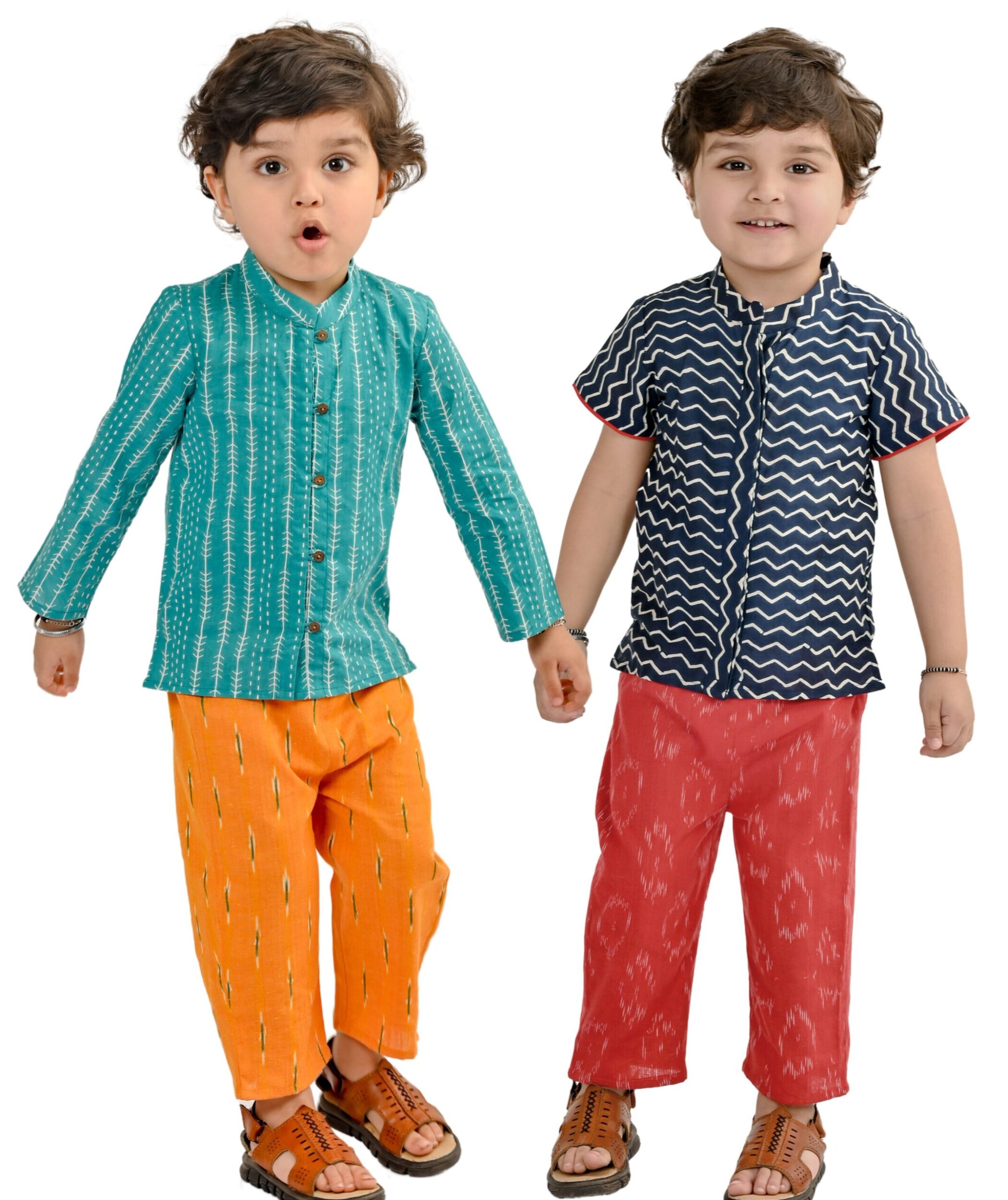 Baby Boys Cotton Shirt With Pant - Green:Yellow & Blue:Red Combo Set