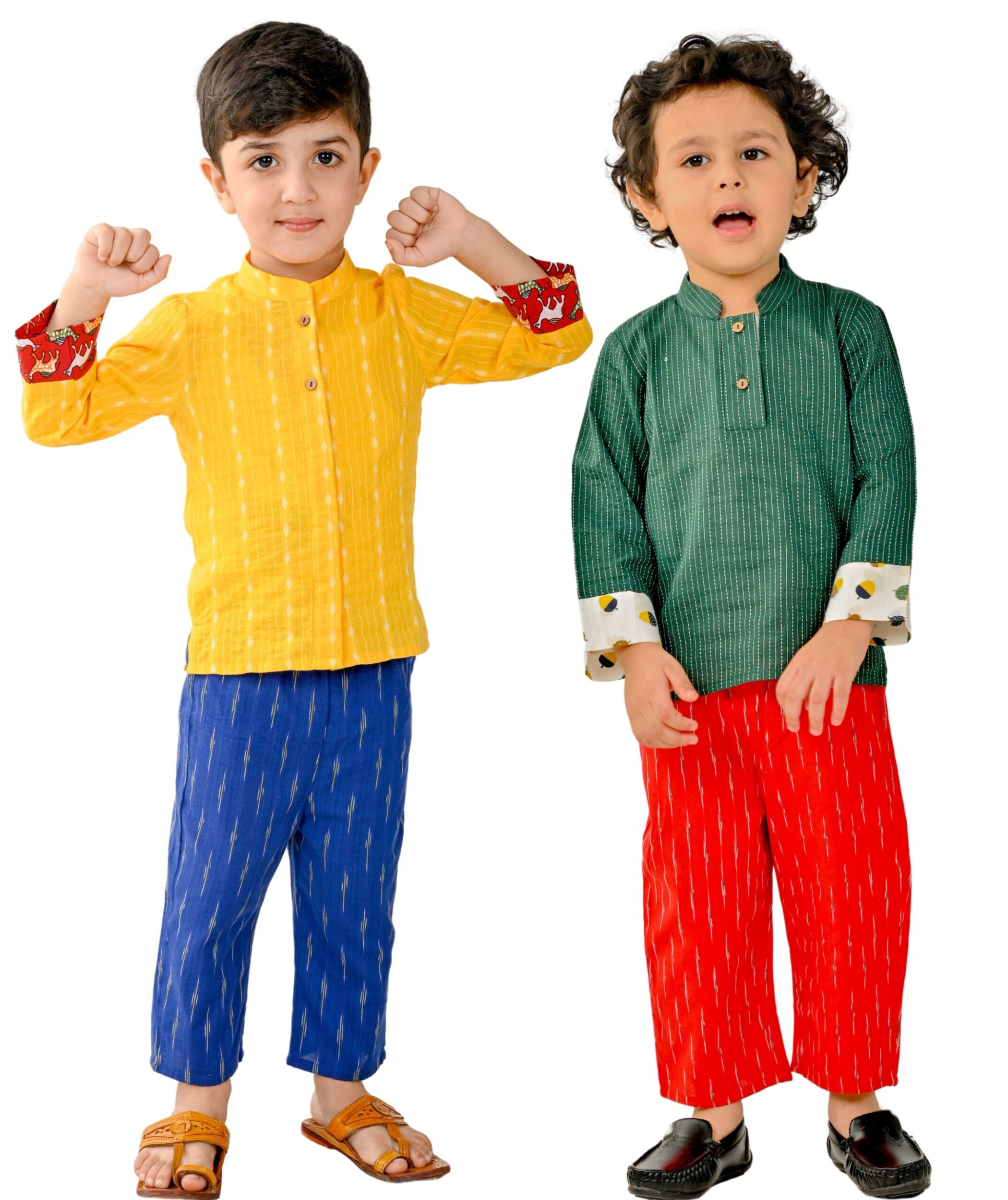 Baby Boys Cotton Shirt With Pant - Yellow:Blue & Green:Red Combo Set