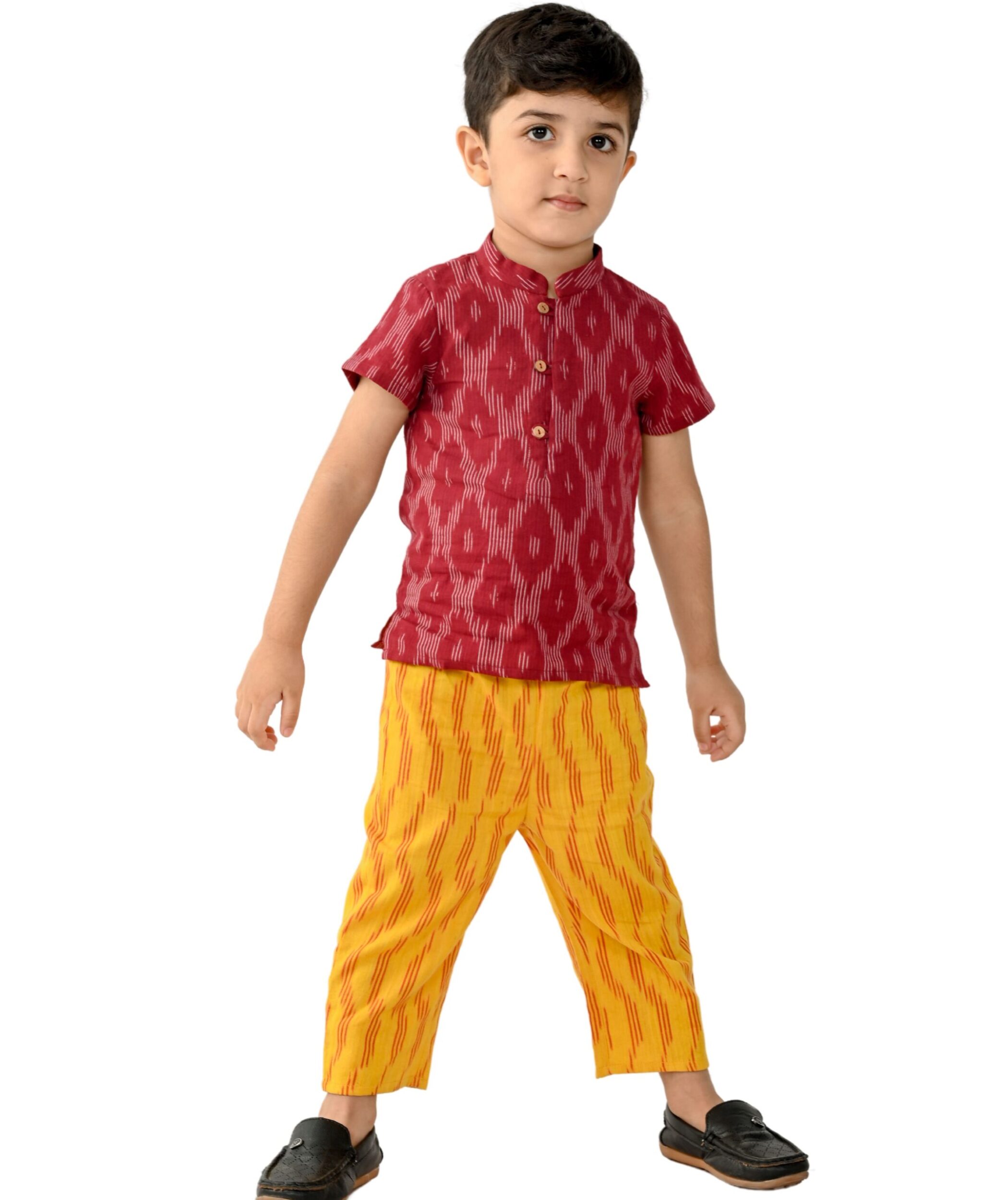 Baby Boys Cotton Shirt With Pant - Maroon & Yellow Clothing Set