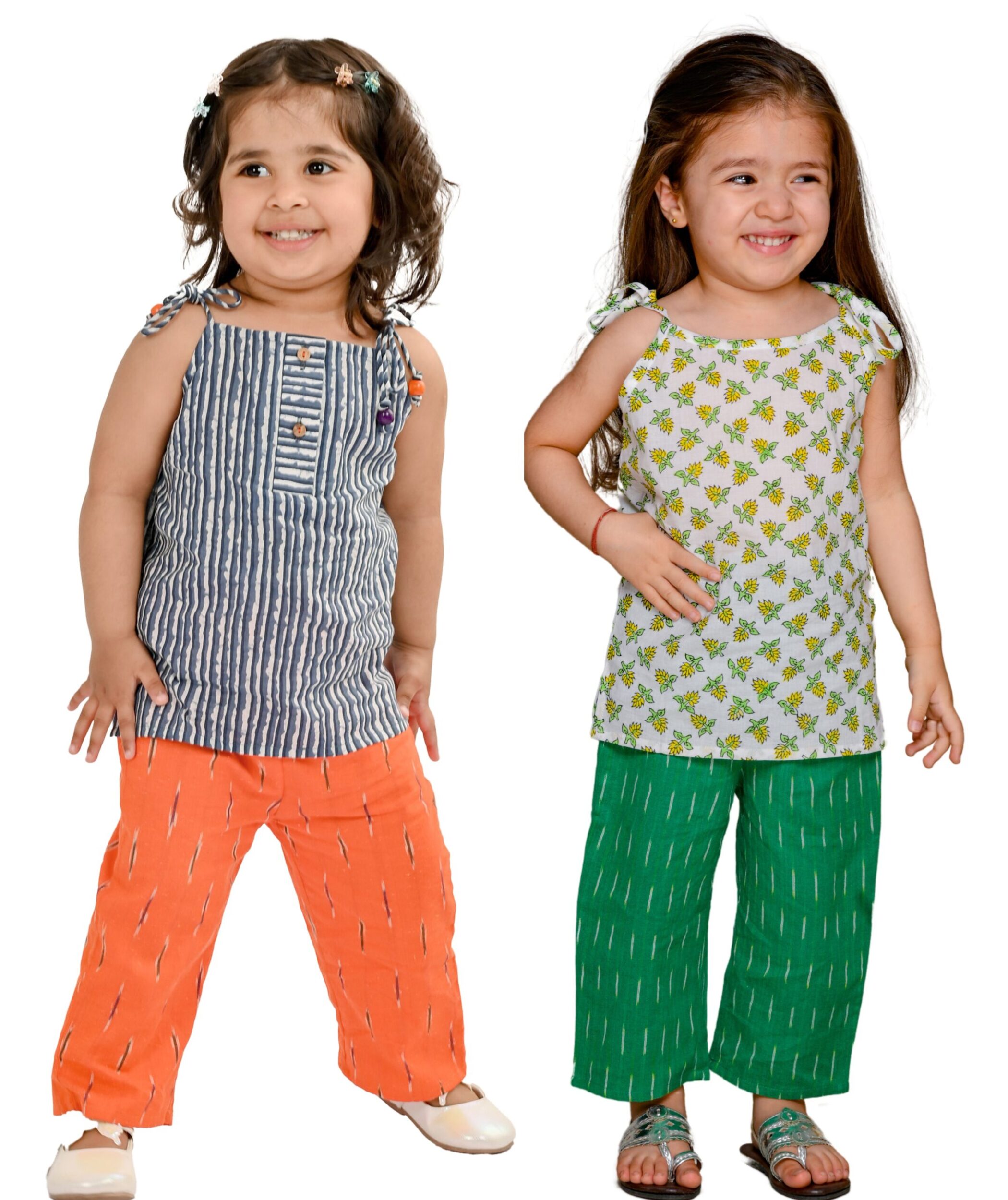 Baby Girl Dress Cotton Clothes Top Pant Set 1 To 4 Year Shoulder Tie Festival Wear Kid Birthday Party Outfit Combo Grey:Orange & White:Green Tiny Bunnies