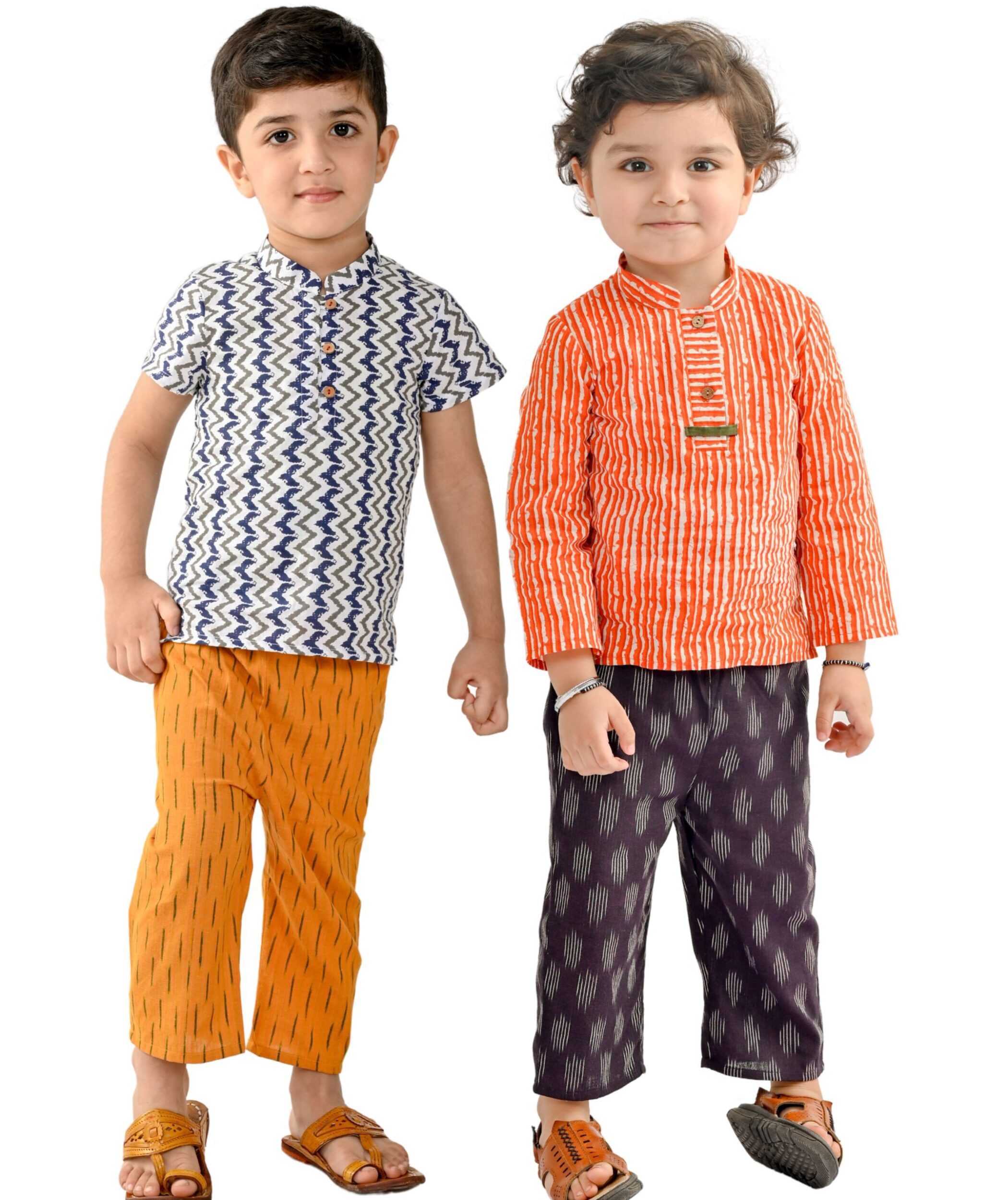 Baby Boys Cotton Shirt With Pant - White:Yellow & Red:Purple Combo Set