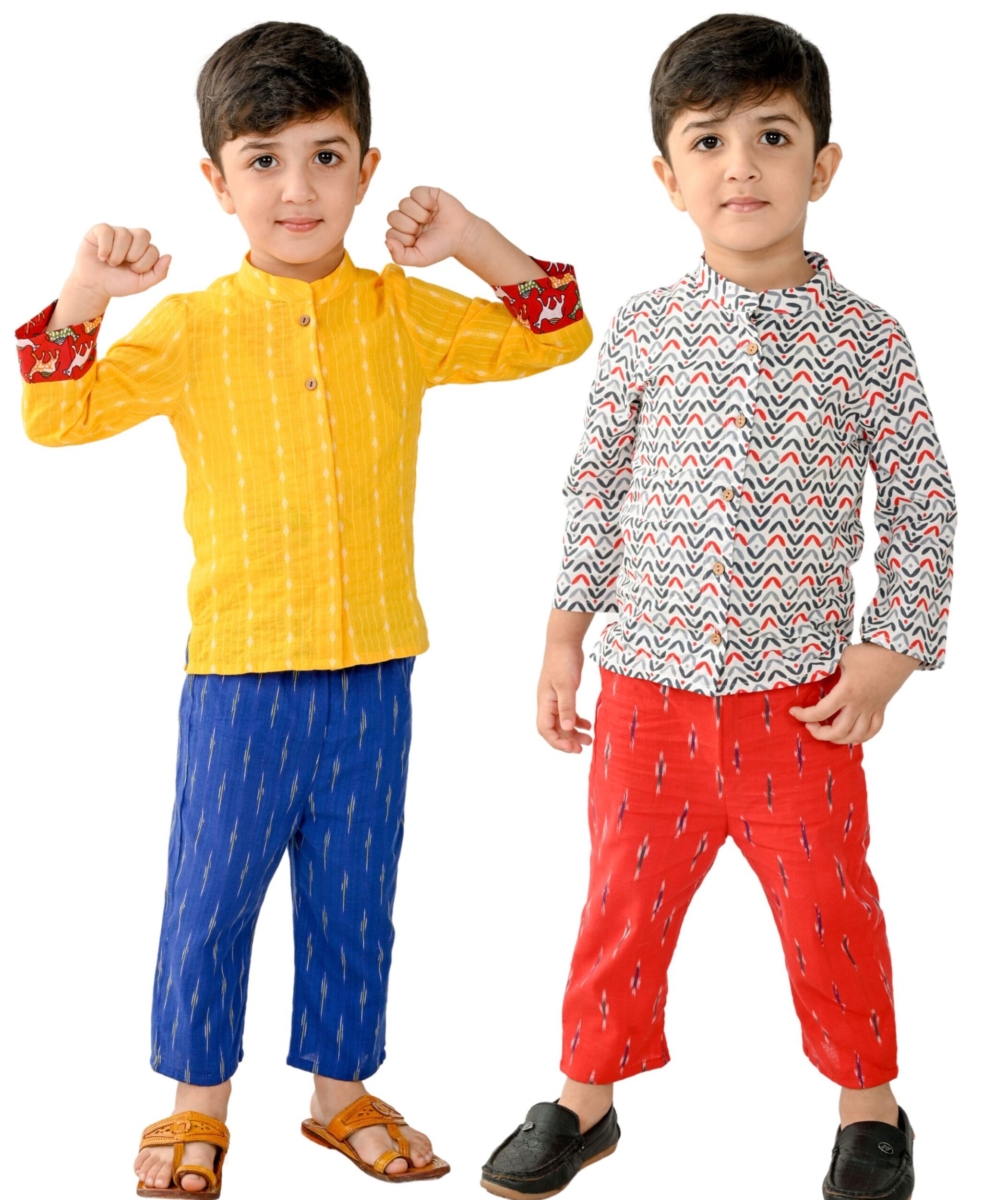 Kids Boys Festive Full Sleeves Clothes - Yellow:Blue & White:Red