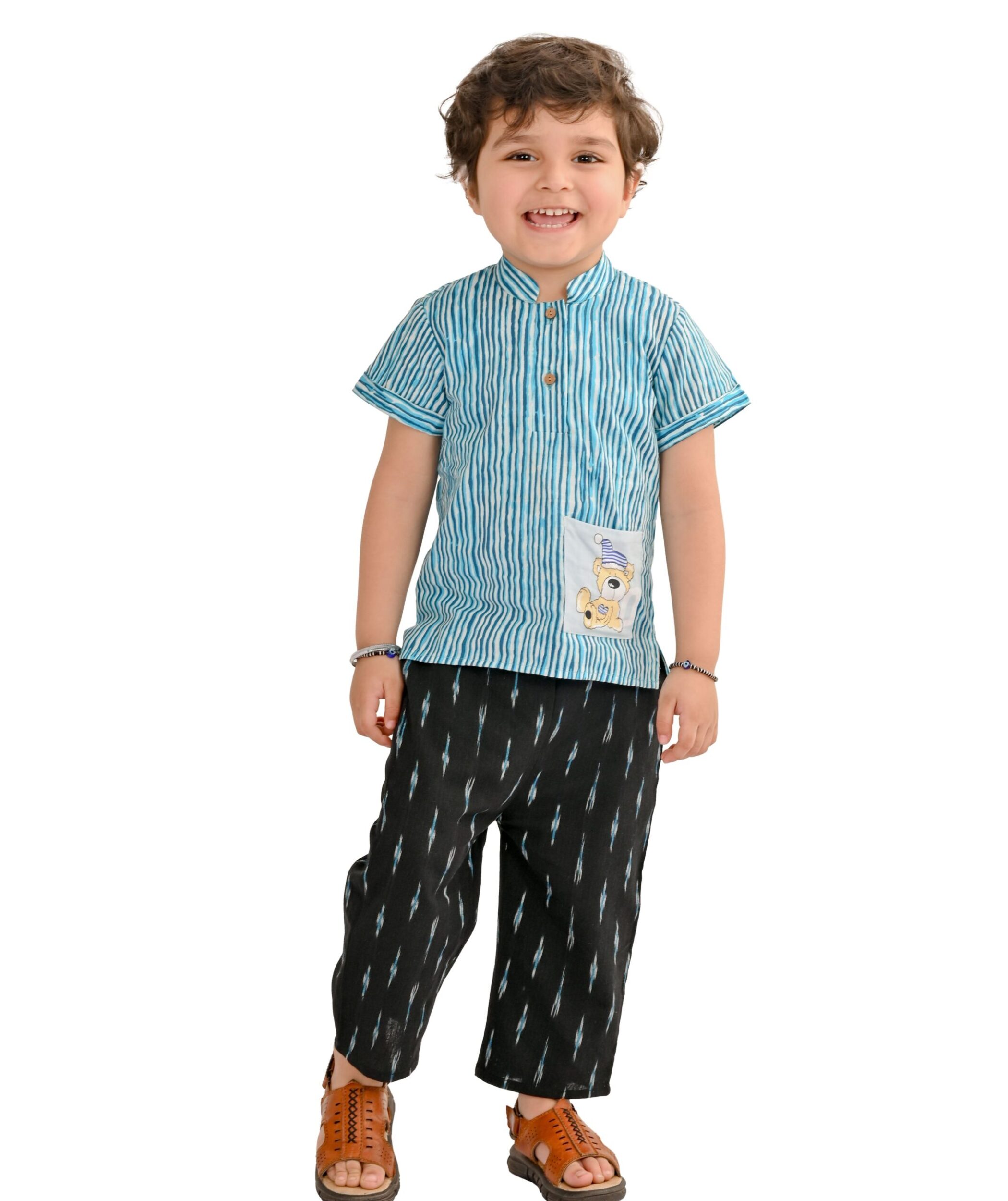 Kids Boys Summer Clothes Cotton Shirt Pant Set - Blue:Black