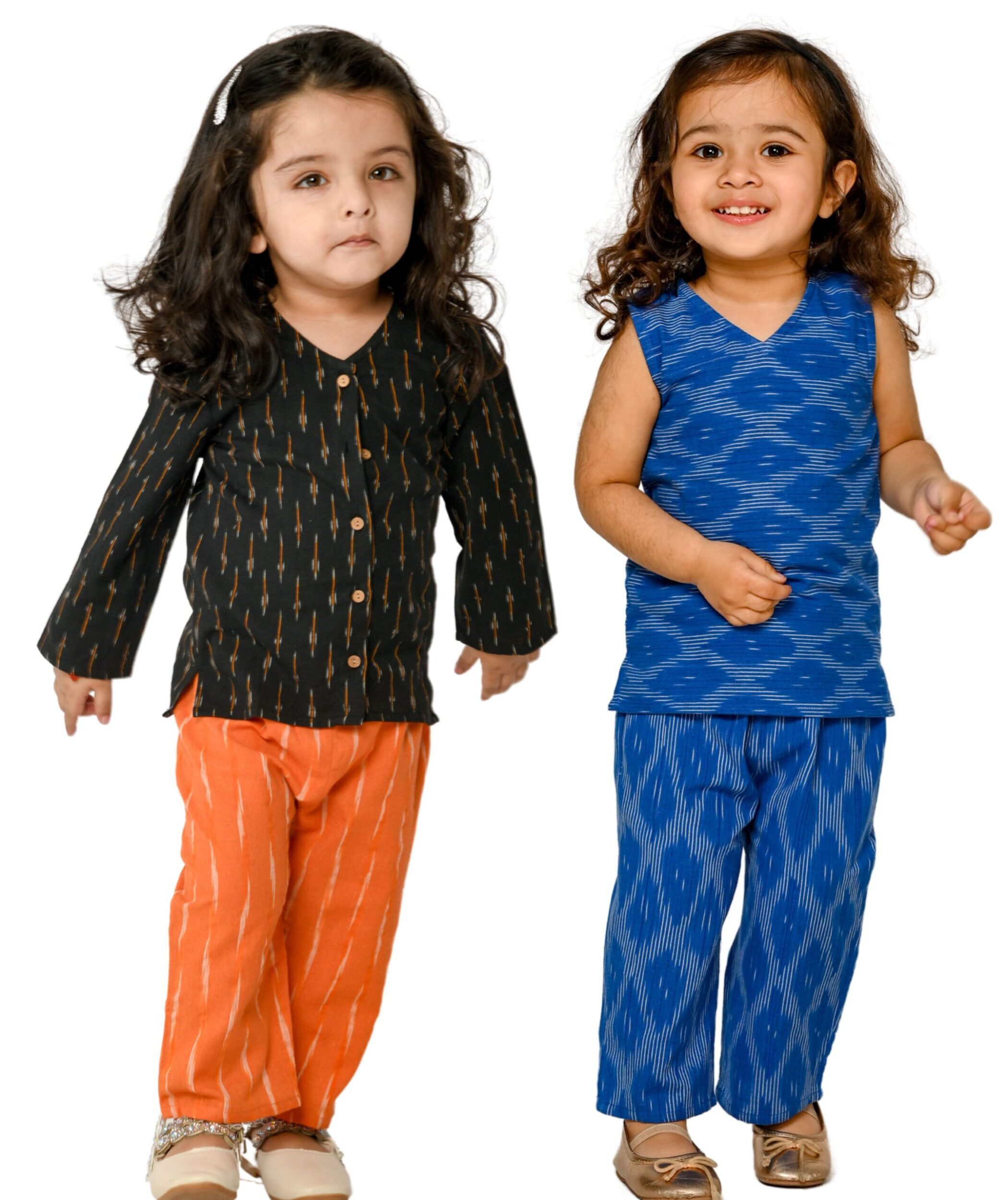 Kids Girls Dresses Cotton Top Bottom Sets - Black:Orange & Blue