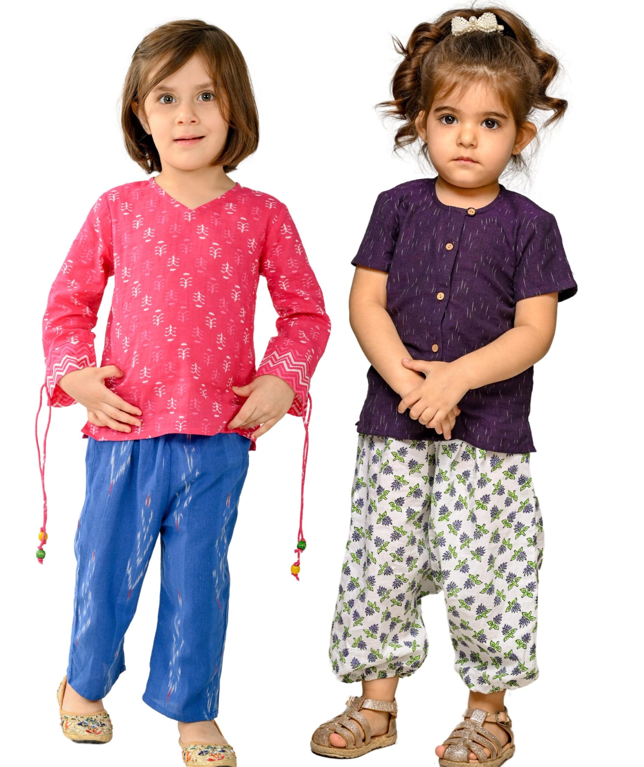 Tiny Bunnies Baby Girls Dresses Cotton Clothes Top Pant Set 1 Year To 4 Years Festival Wear Kids Birthday Party Printed Combo Outfits Pink:Blue & Purple:White