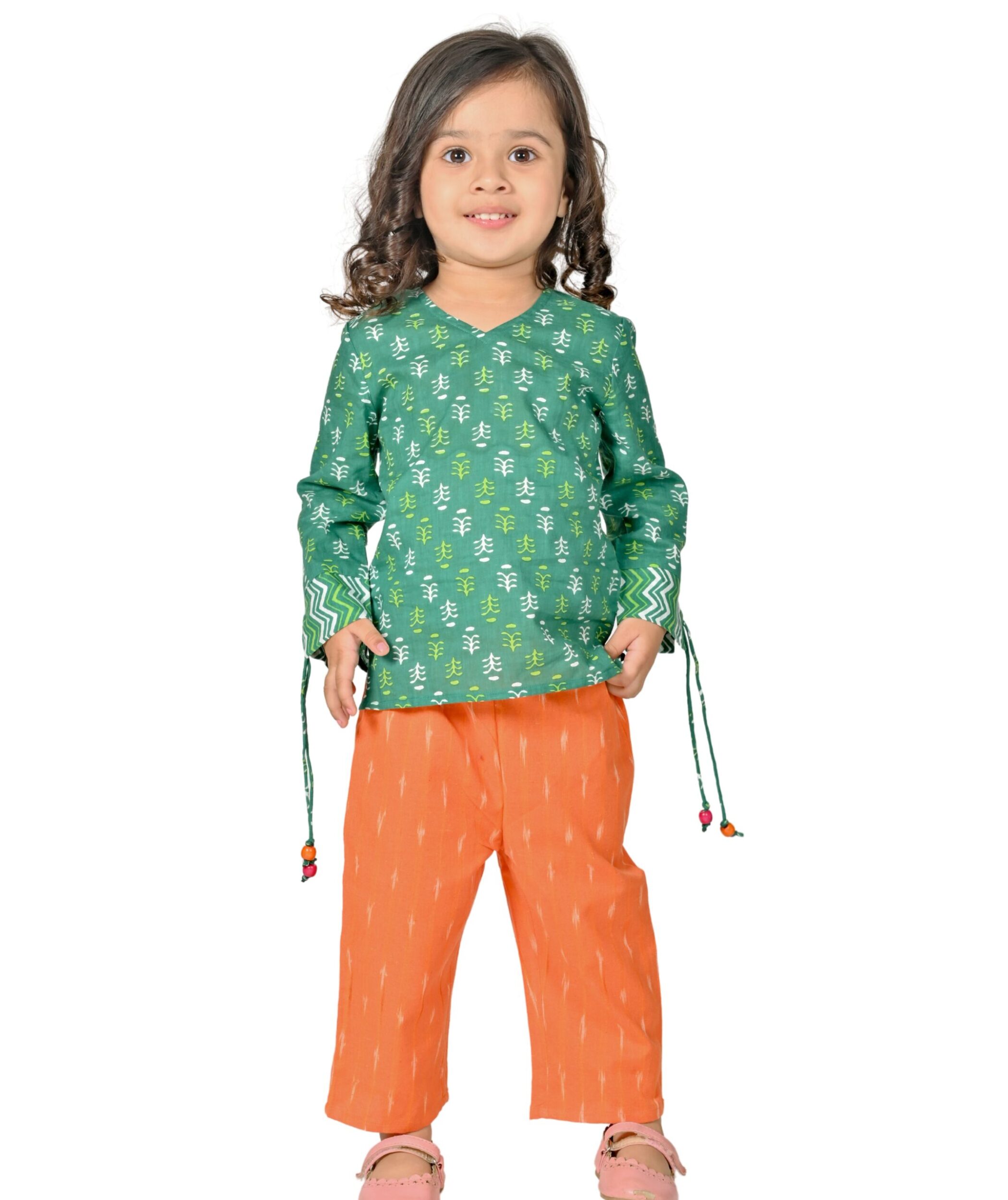 Baby Girl Clothes Party Dress Cotton Top Pant Set – Green:Orange