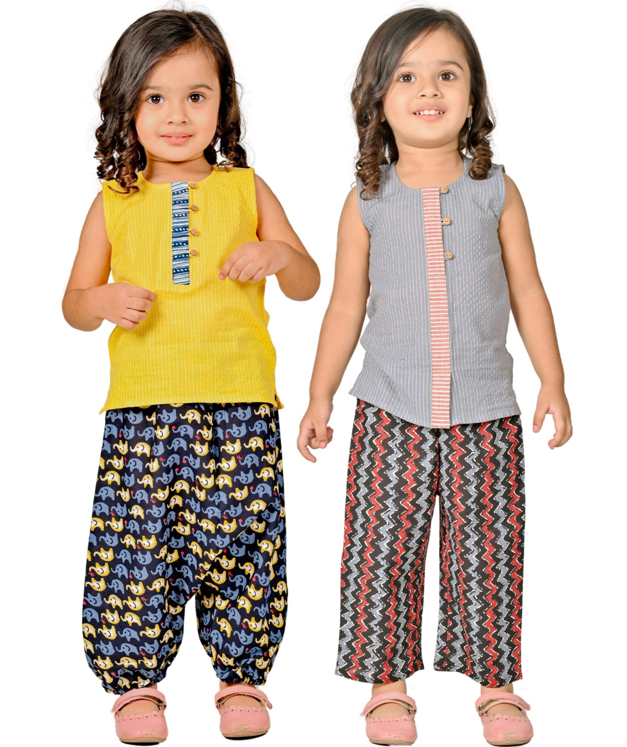 Tiny Bunnies Baby Girl Dress Cotton Clothes Top Pant Set 1 Year To 4 Years Kids Festive Outfit Children Sleeveless Party Combo Wear Yellow:Black & Grey:Maroon