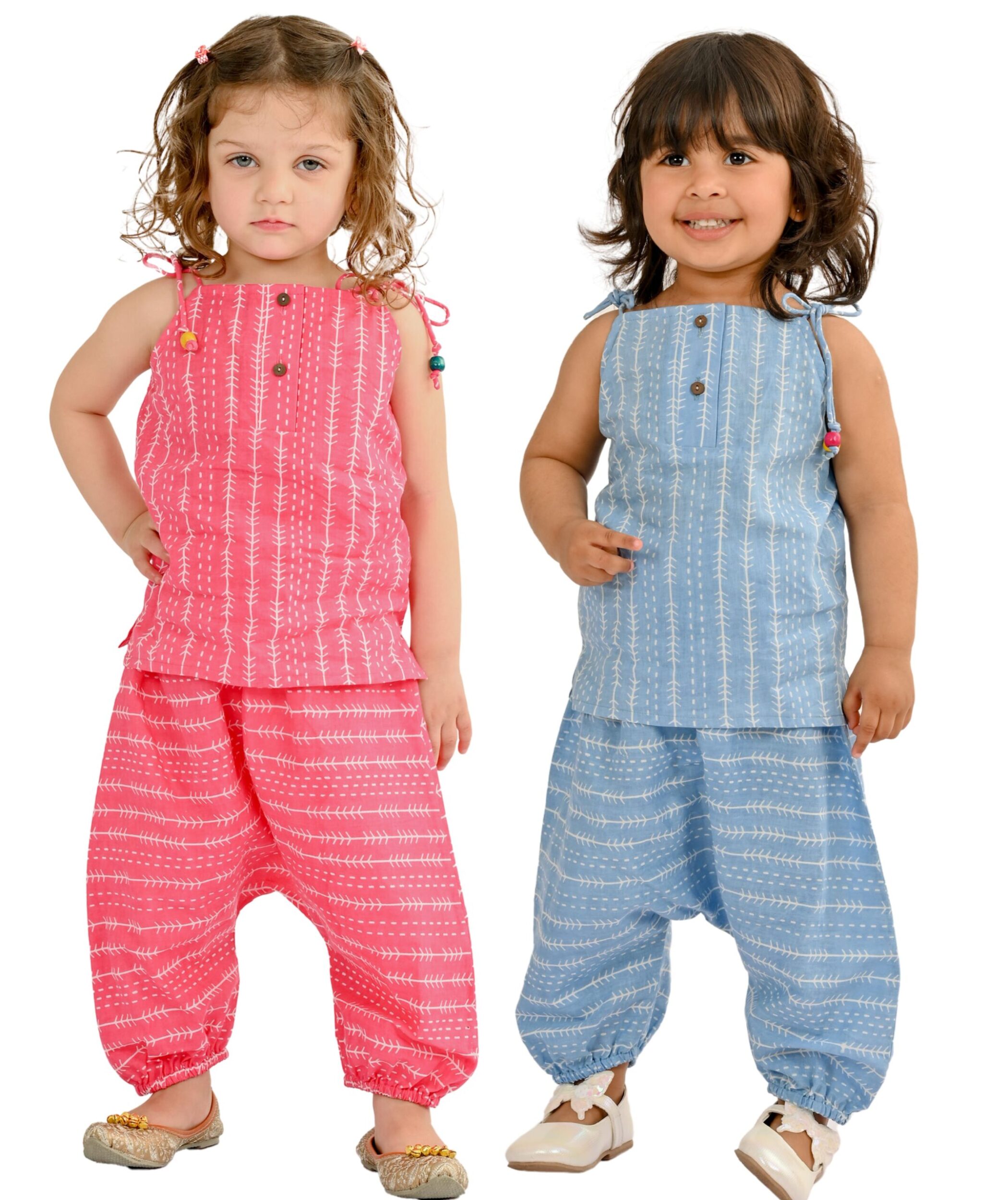 Tiny Bunnies Baby Girls' Dresses Cotton Clothes Top Pant Set 1 Year To 4 Years Kids Sleeveless Shoulder Tie Combos Children Birthday Party Outfits Pink & Blue