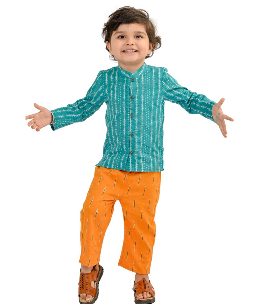 Baby Boys Cotton Shirt With Pant - Green & Yellow Clothing Set