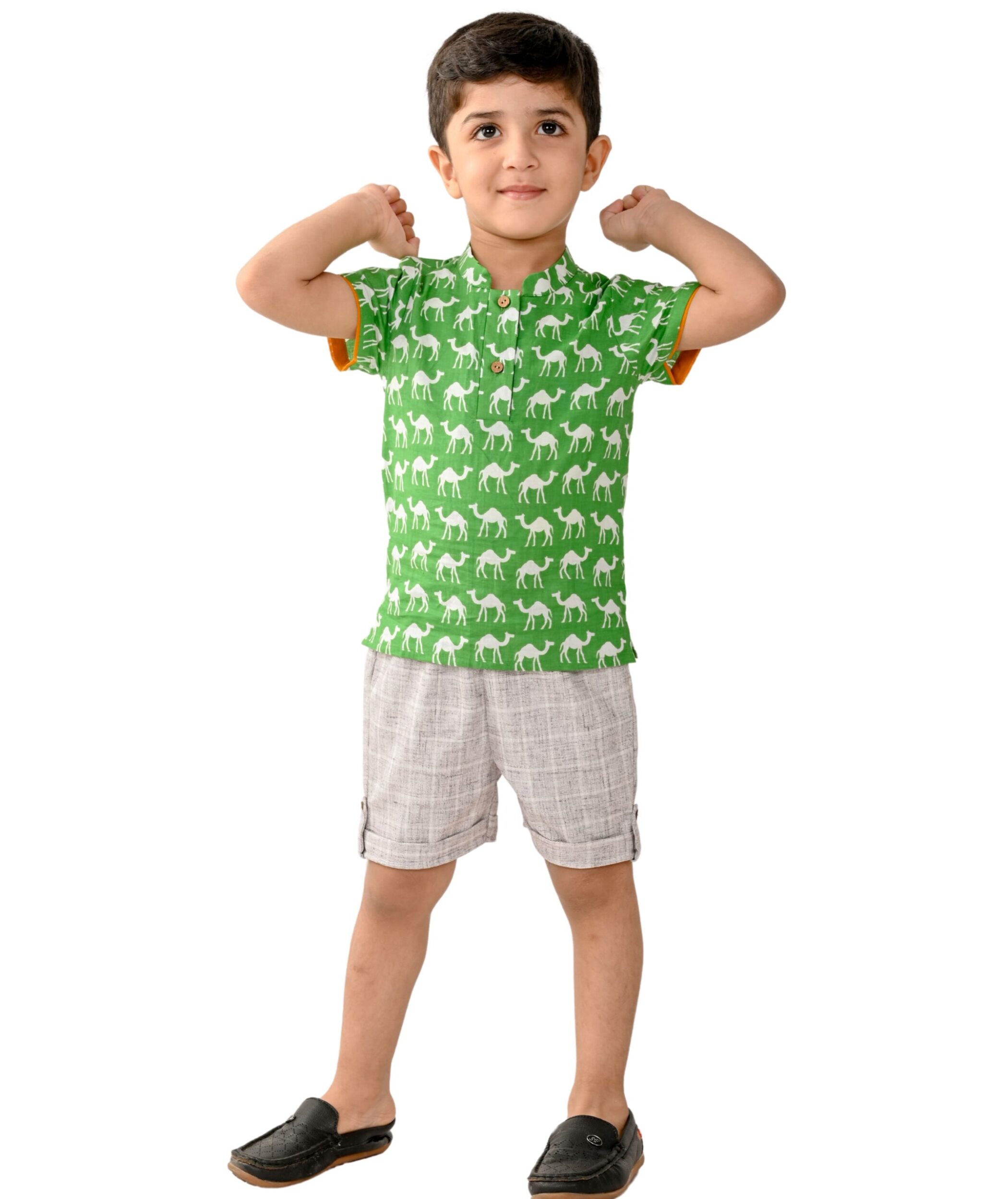 Baby Boys' Dress Cotton Clothes Shirt Shorts Set 1 To 4 Years Green Grey Half Sleeve Camel Print Birthday Party Outfit Kids Festival Wear Tiny Bunnies