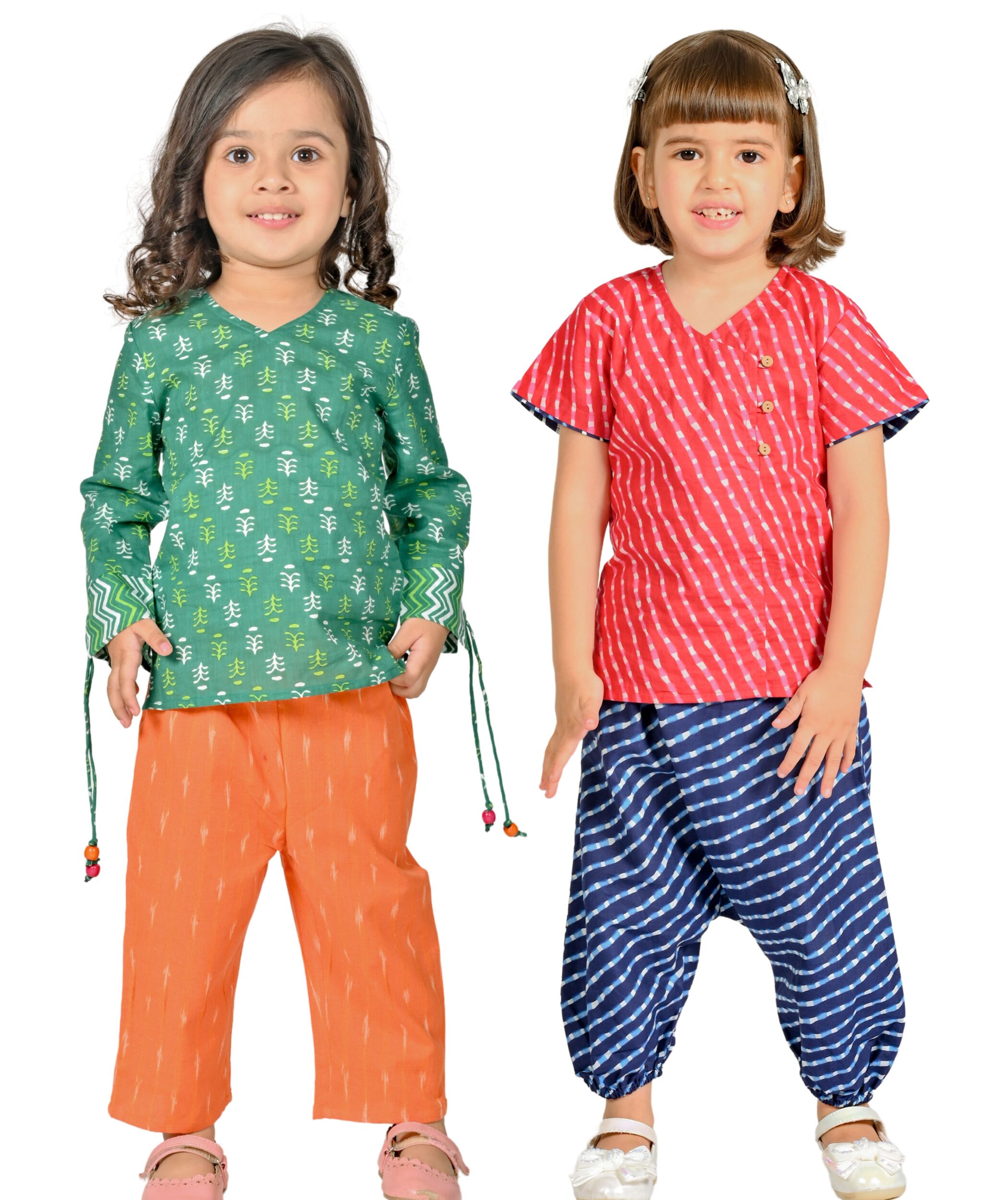 Baby Girls Dresses Cotton Clothes Top Pant Set 1-2 Years Kids Birthday Party Outfit Children Printed Summer Wear Green:Orange & Pink:Blue Tiny Bunnies 2-3 3-4