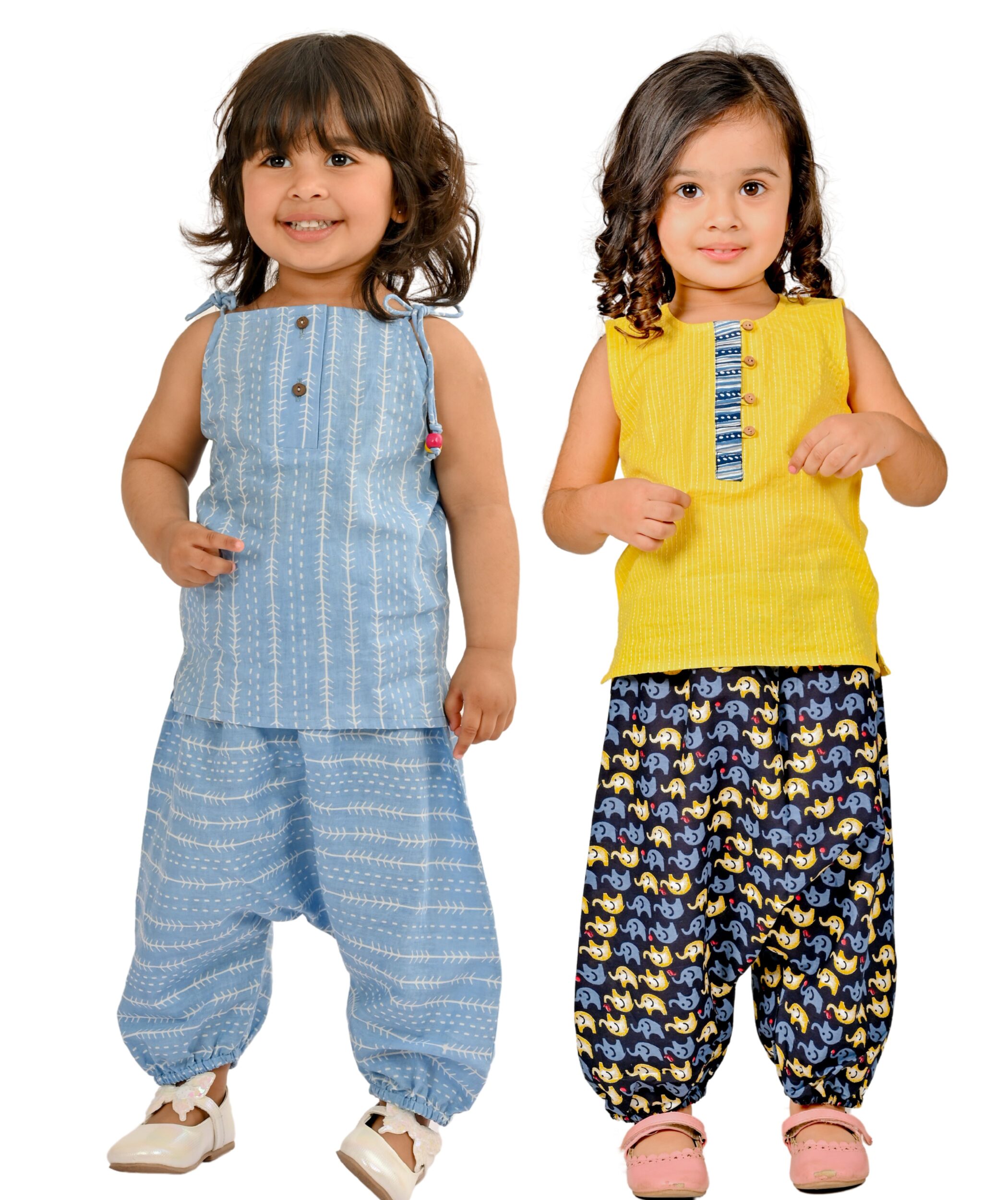 Baby Girls Dress Cotton Clothes Top Pant Set 3-4 Years Sleeveless Festival Wear Combo Children Birthday Party Outfits Blue & Yellow:Black Tiny Bunnies