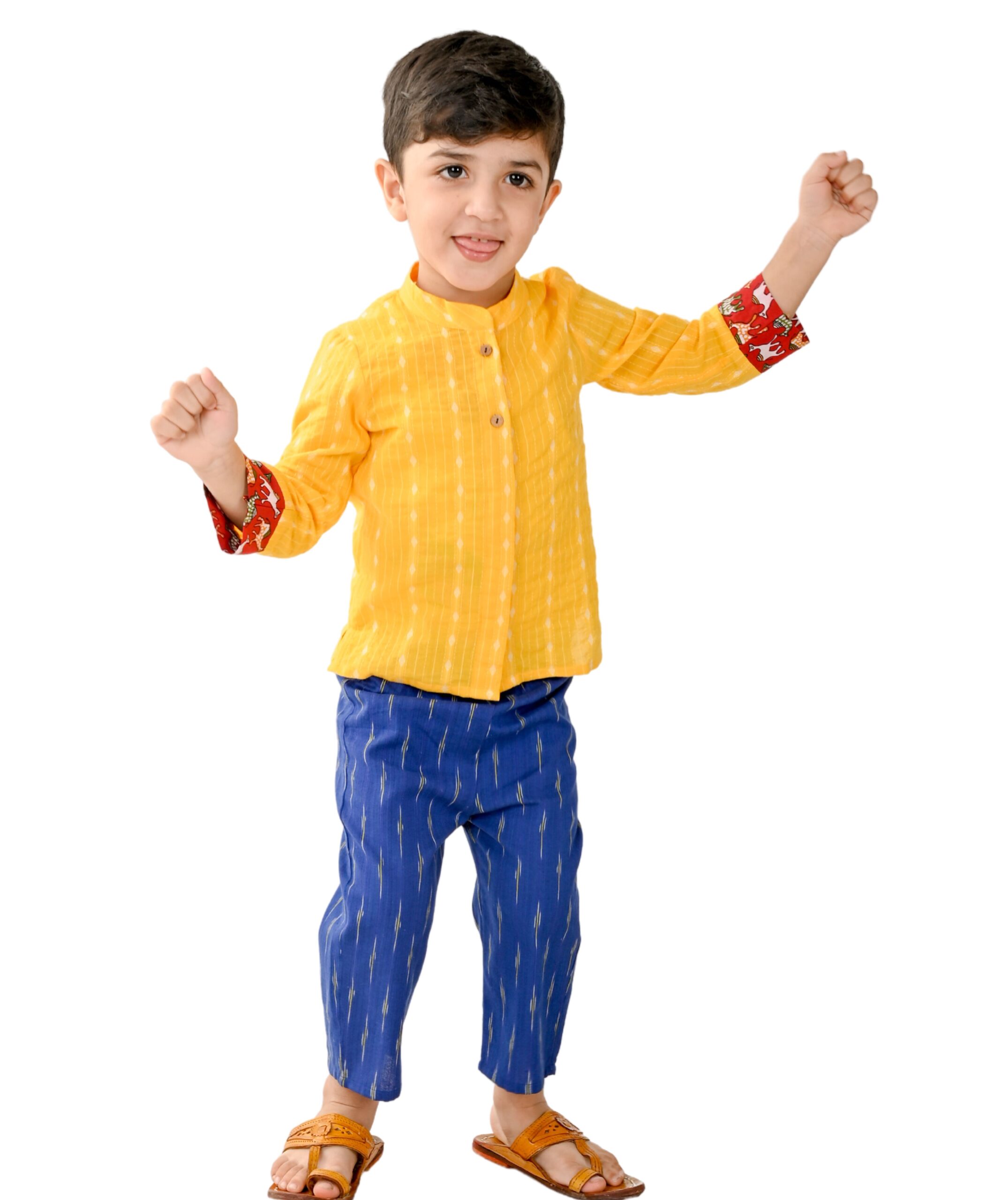 Baby Boys Cotton Shirt With Pant - Yellow & Blue Clothing Set