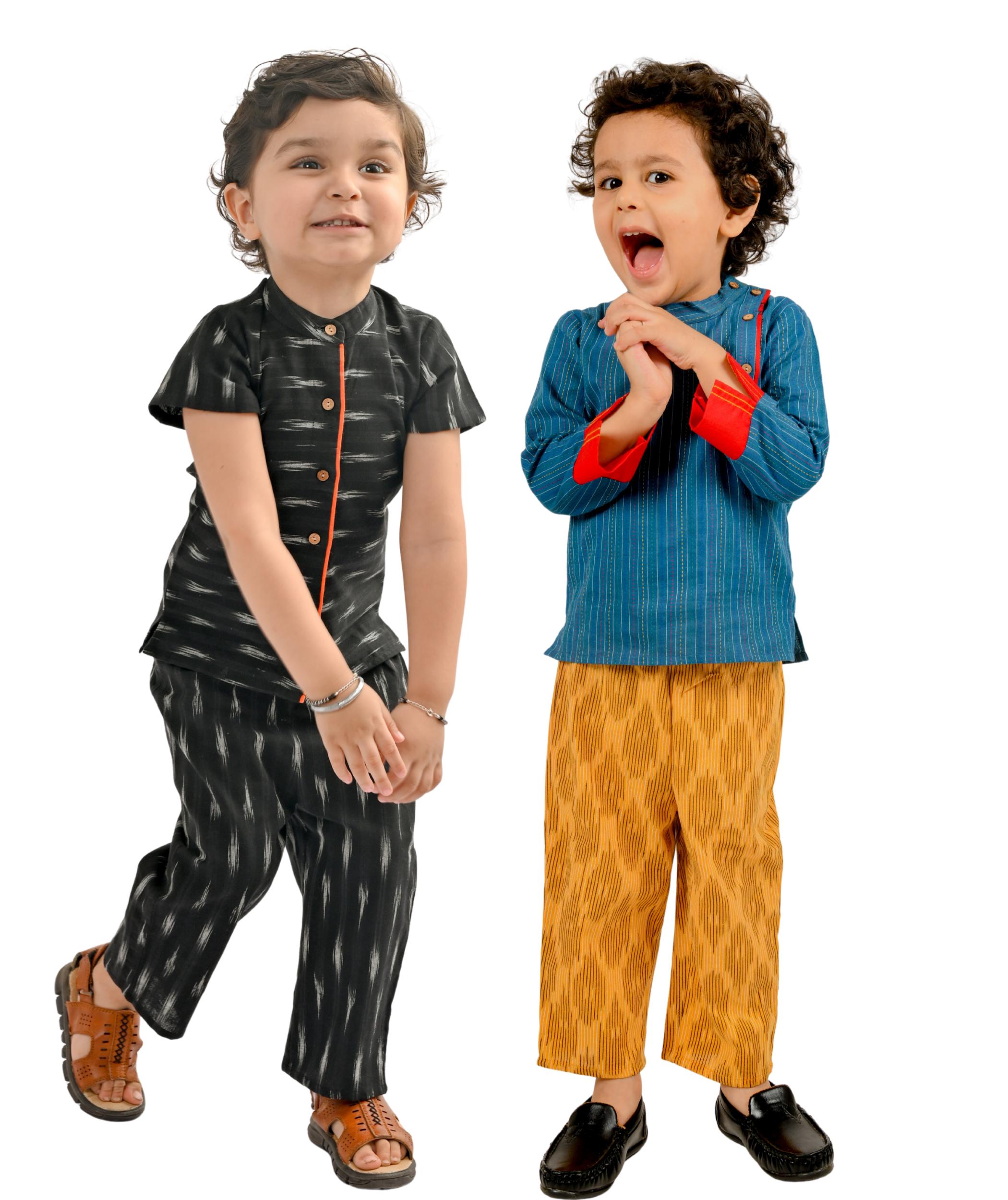 Tiny Bunnies Baby Boys Dresses Cotton Clothes Shirt Pant Set 1-2 2-3 3-4 Years Birthday Party Outfits Kids Festival Wear Kids With Sleeves Black & Blue:Yellow Combo Pack Of 2 1 To 4 Years