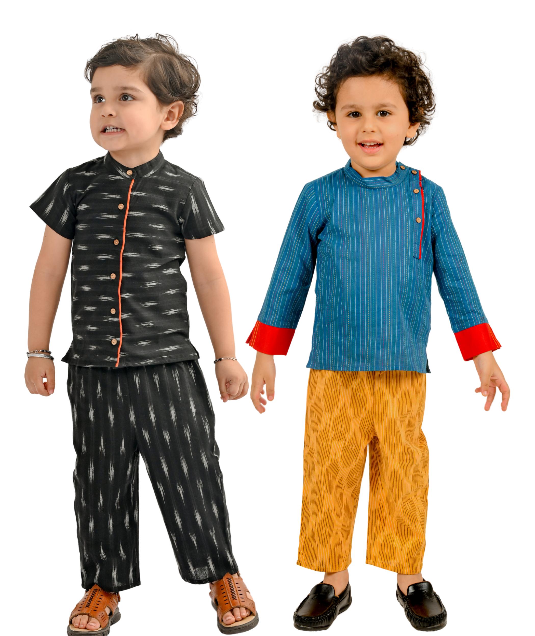 Tiny Bunnies Baby Boys Dresses Cotton Clothes Shirt Pant Set 1-2 2-3 3-4 Years Birthday Party Outfits Kids Festival Wear Kids With Sleeves Black & Blue:Yellow Combo Pack Of 2 1 To 4 Years