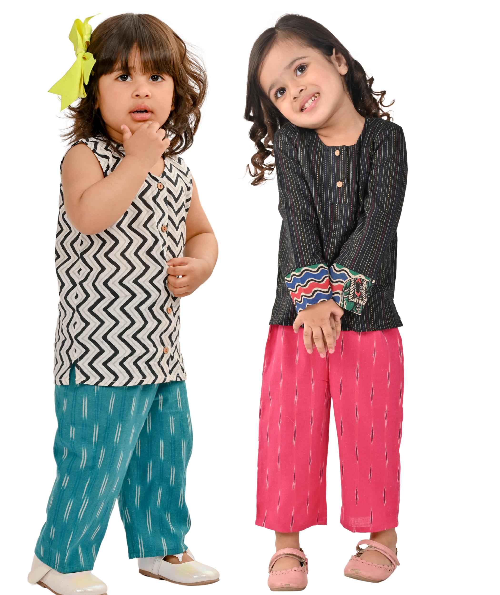 Tiny Bunnies Baby Girls' Dresses Cotton Clothes Top Pant Set 1-2 2-3 3-4 Years Kids Summer Wear Children Birthday Party Printed Outfit White:Blue & Pink:Black 1 To 4 Years Combo Pack Of 2