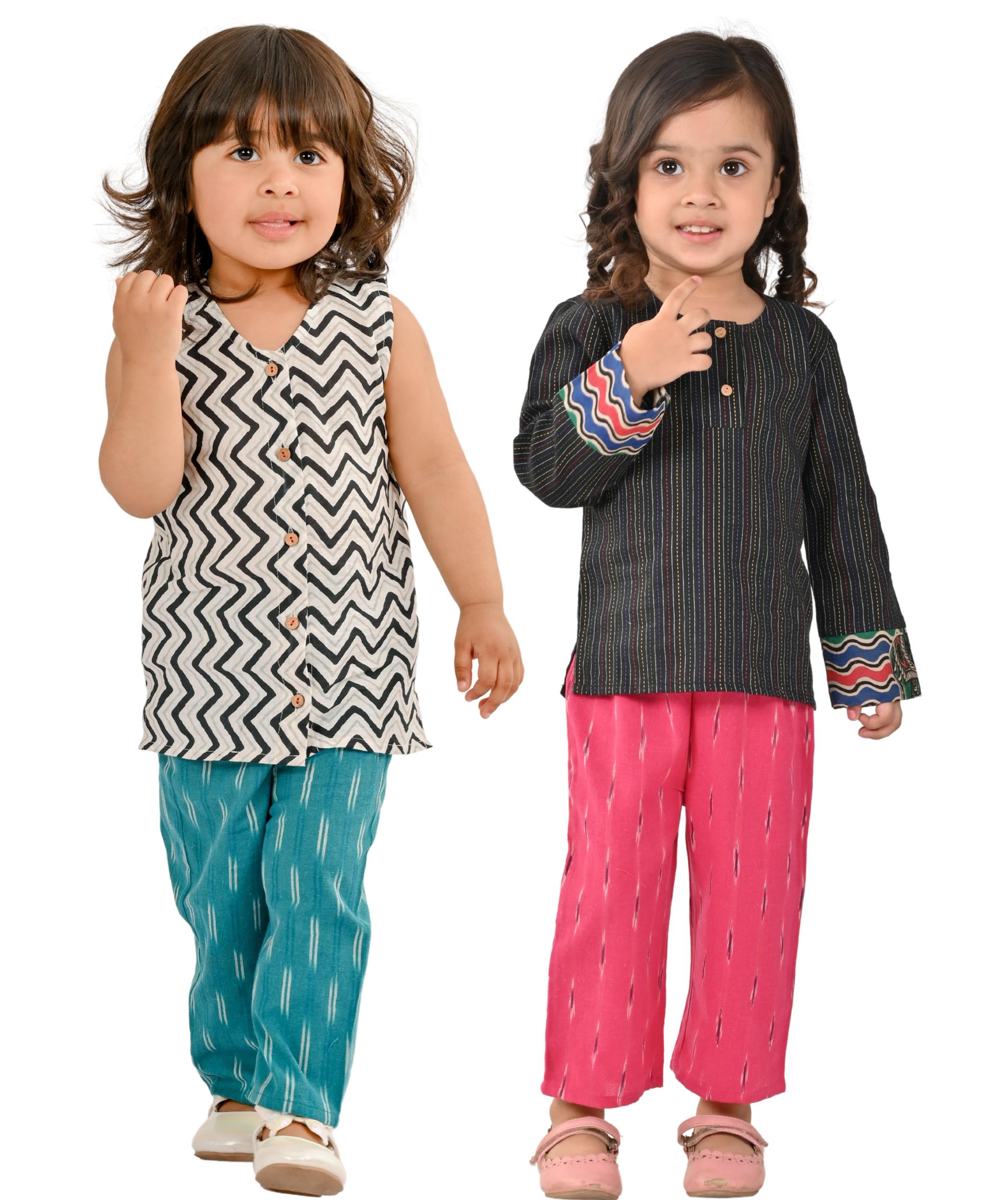 Tiny Bunnies Baby Girls' Dresses Cotton Clothes Top Pant Set 1-2 2-3 3-4 Years Kids Summer Wear Children Birthday Party Printed Outfit White:Blue & Pink:Black 1 To 4 Years Combo Pack Of 2