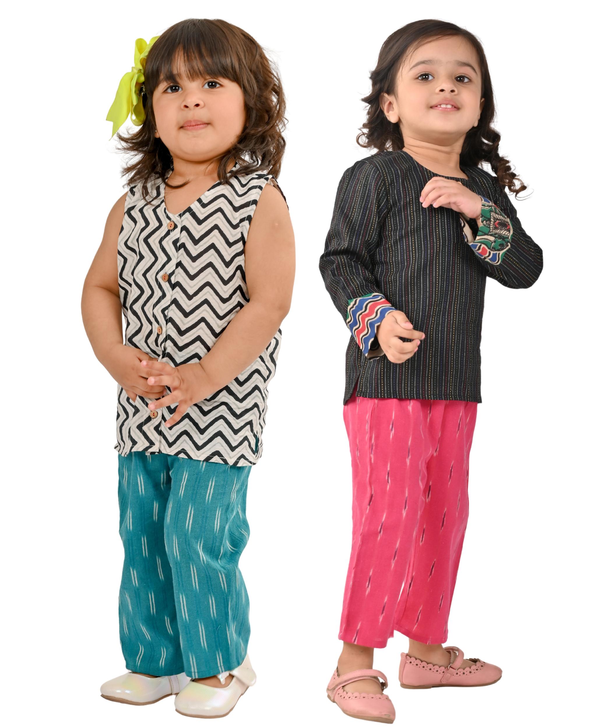 Tiny Bunnies Baby Girls' Dresses Cotton Clothes Top Pant Set 1-2 2-3 3-4 Years Kids Summer Wear Children Birthday Party Printed Outfit White:Blue & Pink:Black 1 To 4 Years Combo Pack Of 2