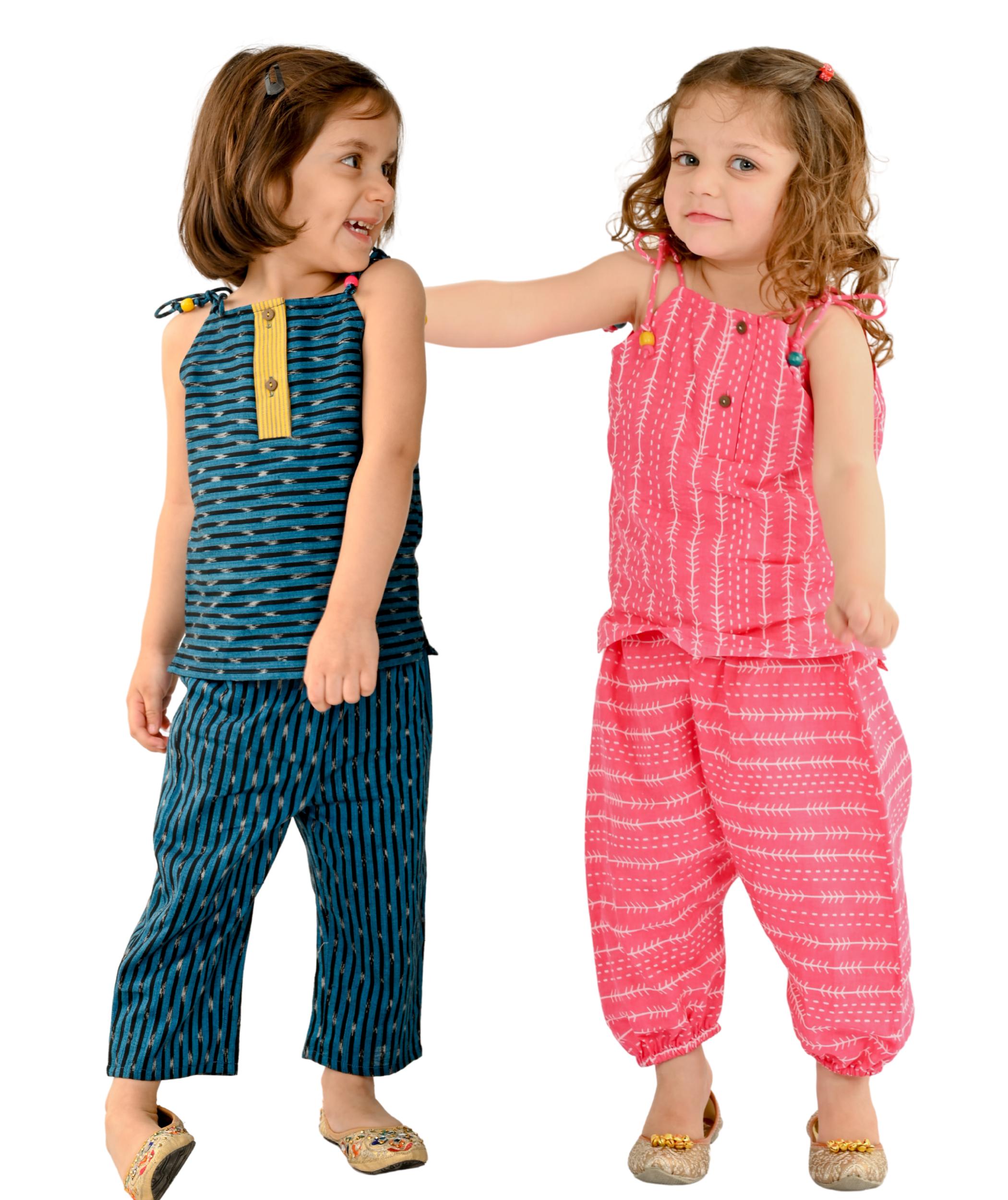 Baby Girls Dress Cotton Clothes Top Pant Set 1-2 Years Kid Summer Wear Children Shoulder Tie Sleeveless Birthday Party Outfit Blue & Pink Tiny Bunnies 2-3 3-4