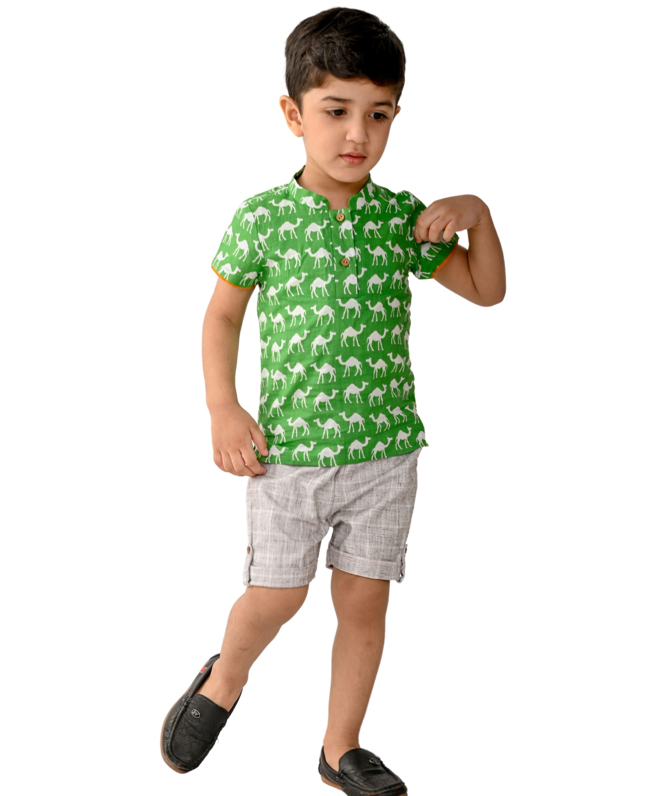 Baby Boys' Dress Cotton Clothes Shirt Shorts Set 1 To 4 Years Green Grey Half Sleeve Camel Print Birthday Party Outfit Kids Festival Wear Tiny Bunnies