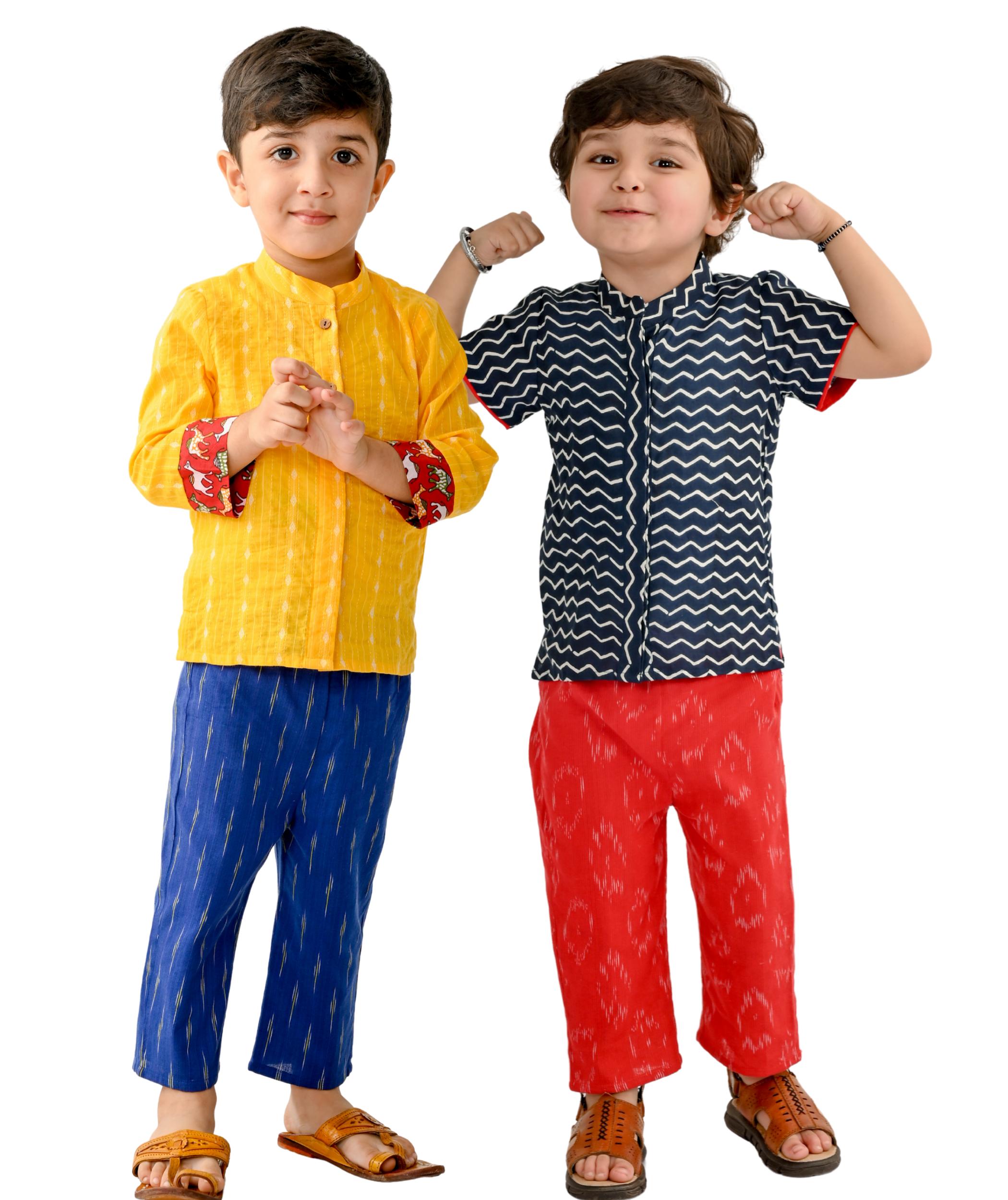 Tiny Bunnies Baby Boy Dress Cotton Clothes Shirt Pant Set 1-2 Years Full Sleeve Festival Ethnic Wear Kids Birthday Party Outfit Yellow:Blue & Blue:Red 2-3 3-4