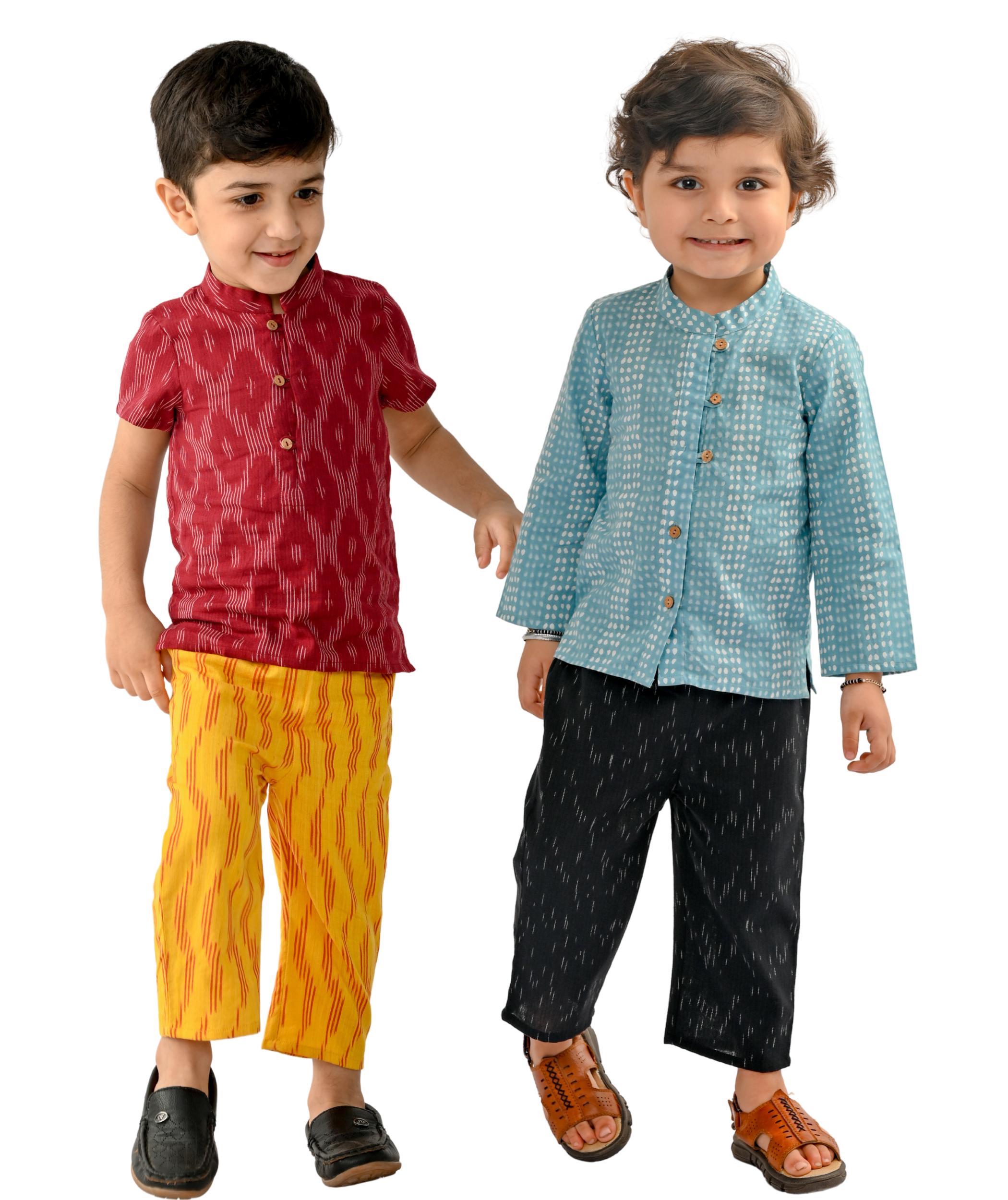 Baby Boys' Dresses Cotton Clothes Shirt Pant Set 1 to 4 Years Kids Festival Wear Combos Children Party Outfits Maroon:Yellow & Blue:Black Tiny Bunnies