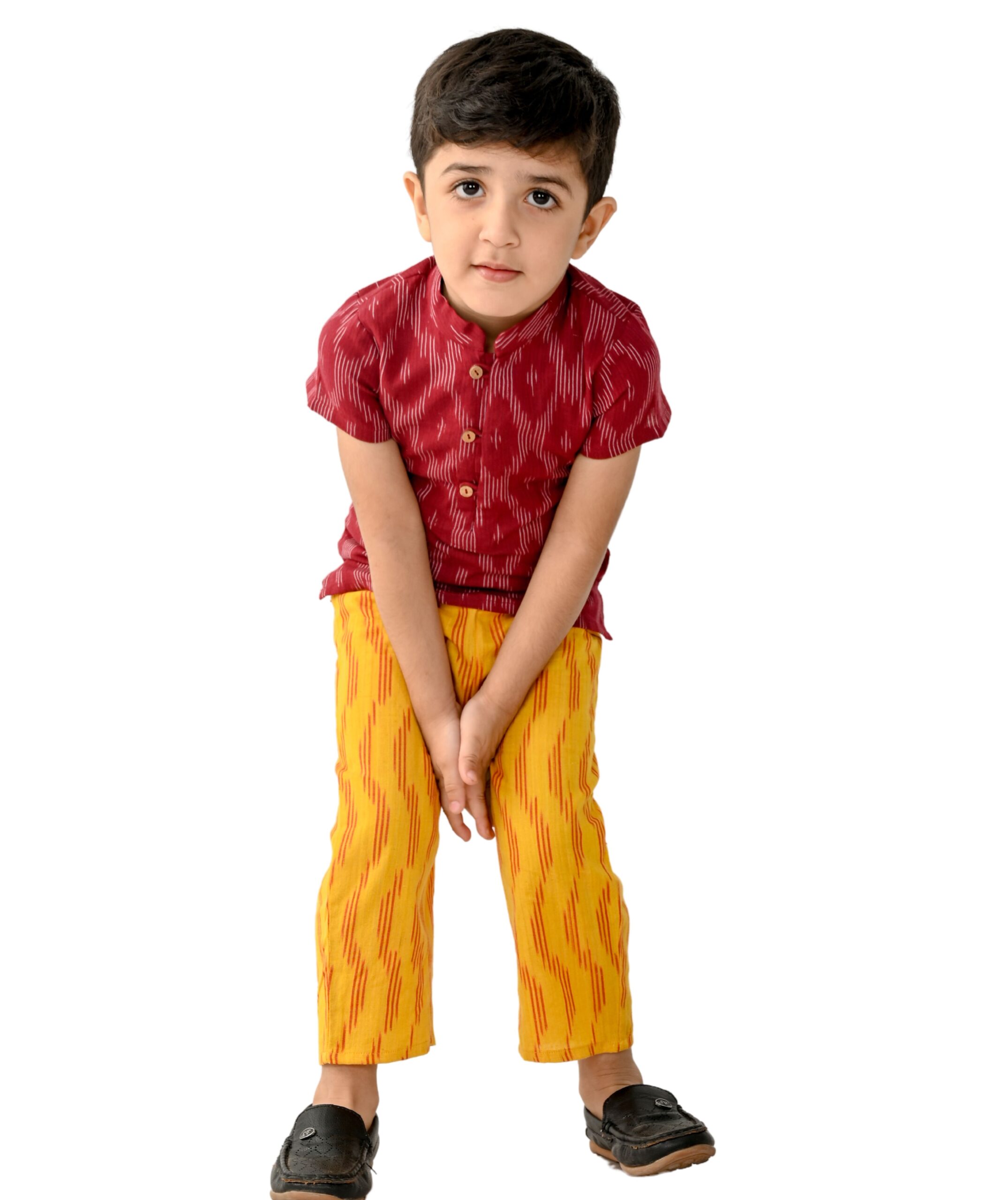 Baby Boys Cotton Shirt With Pant - Maroon & Yellow Clothing Set