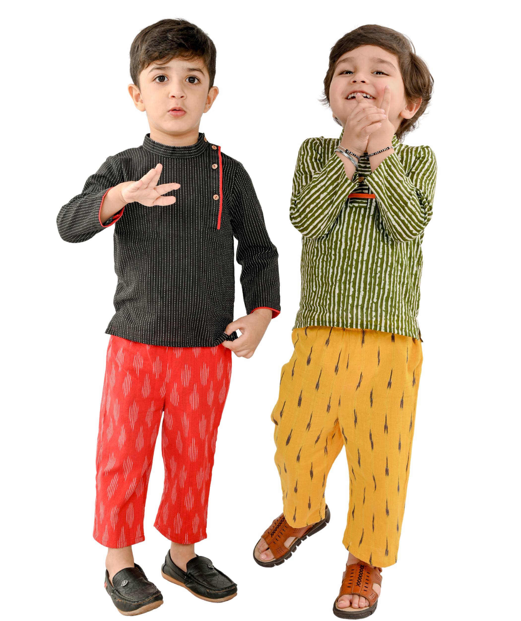 Baby Boys Dresses Cotton Clothes Shirt Pant Set 1-2 Years Birthday Party Outfits Kids Full Sleeves Festival Wear Black:Red & Green:Yellow Tiny Bunnies 2-33-4