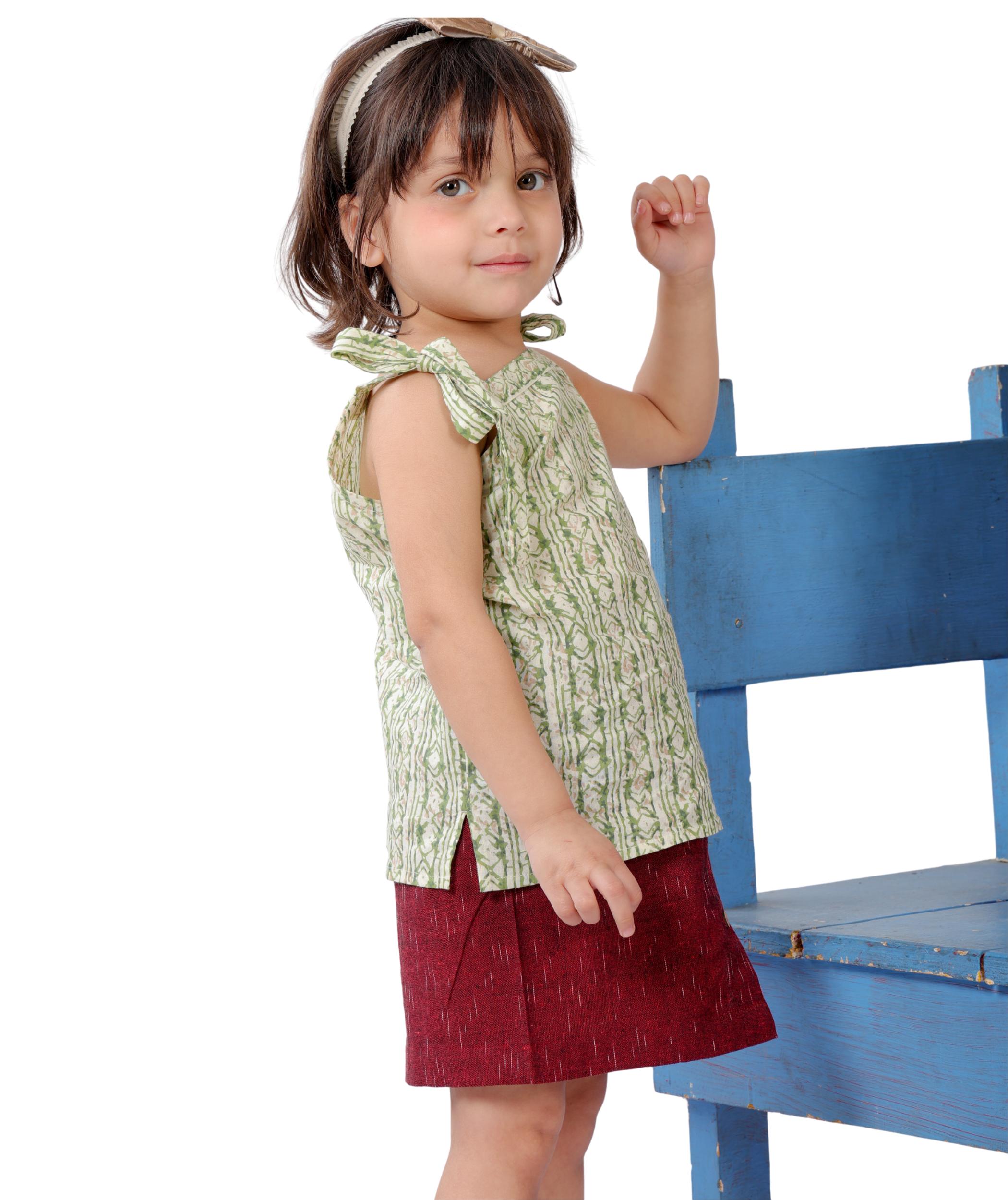 Tiny Bunnies Baby Girls' Dresses Cotton Clothes Top Skirt Sets 1-2 Years Green Maroon Children Sleeveless Shoulder Tie Biirthday Party Stylish Outfits 2-3 3-4