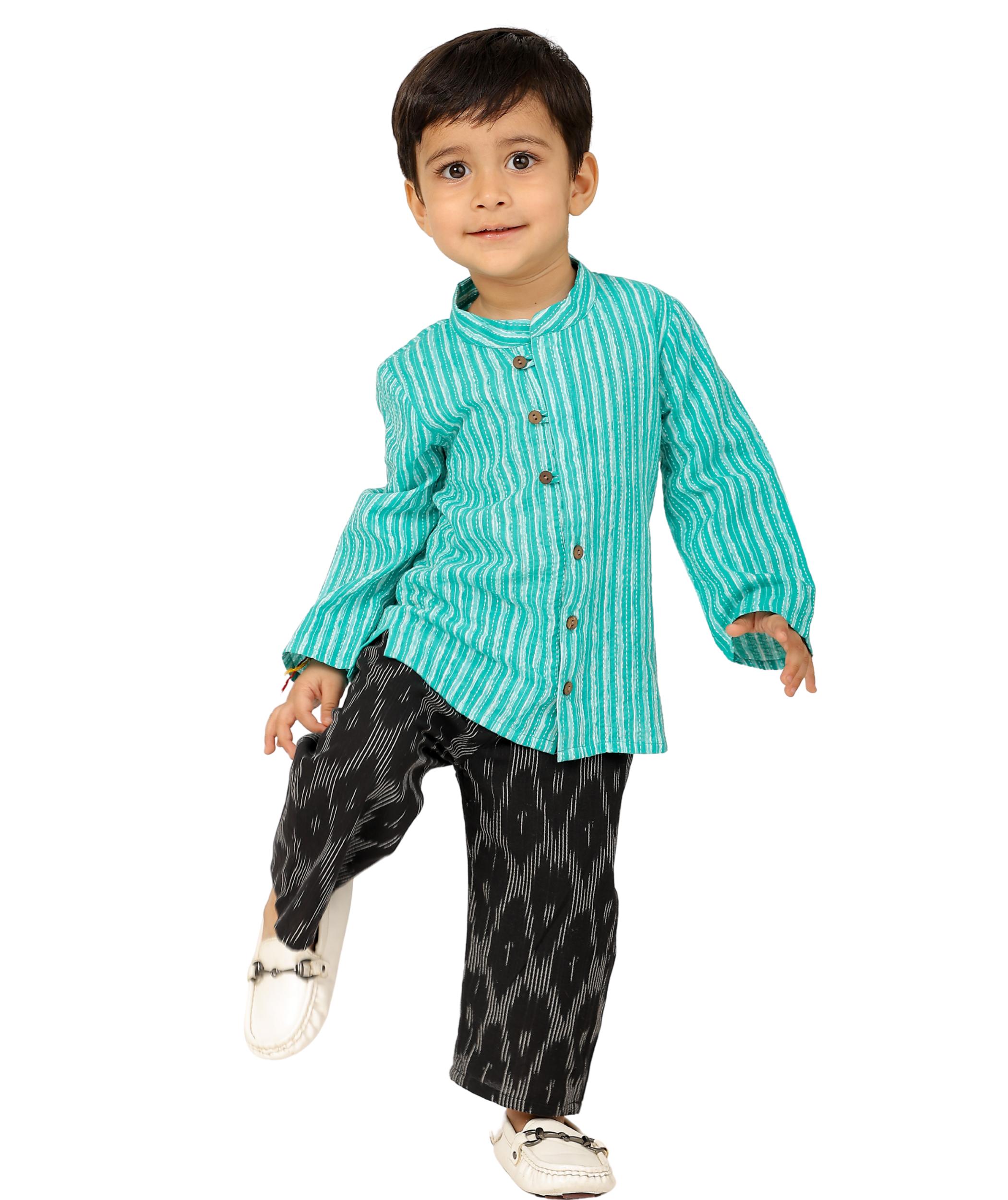 Tiny Bunnies Baby Boys Dress Cotton Clothes Shirt Pant Set 1-2 Year Children Green Black Full Sleeves Festival Ethnic Wear Kids Birthday Party Outfits 2-3 3-4