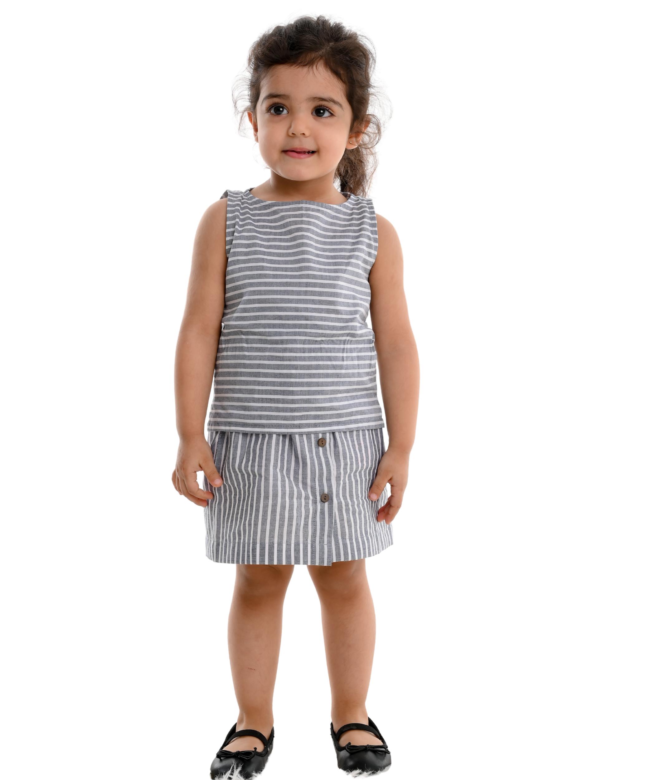Tiny Bunnies Baby Girls Dresses Cotton Clothes Top Skirt Co-ord Set 1-2 Years Grey Stripes Children Summer Wear Kids Sleeveless Birthday Party Outfits 2-3 3-4