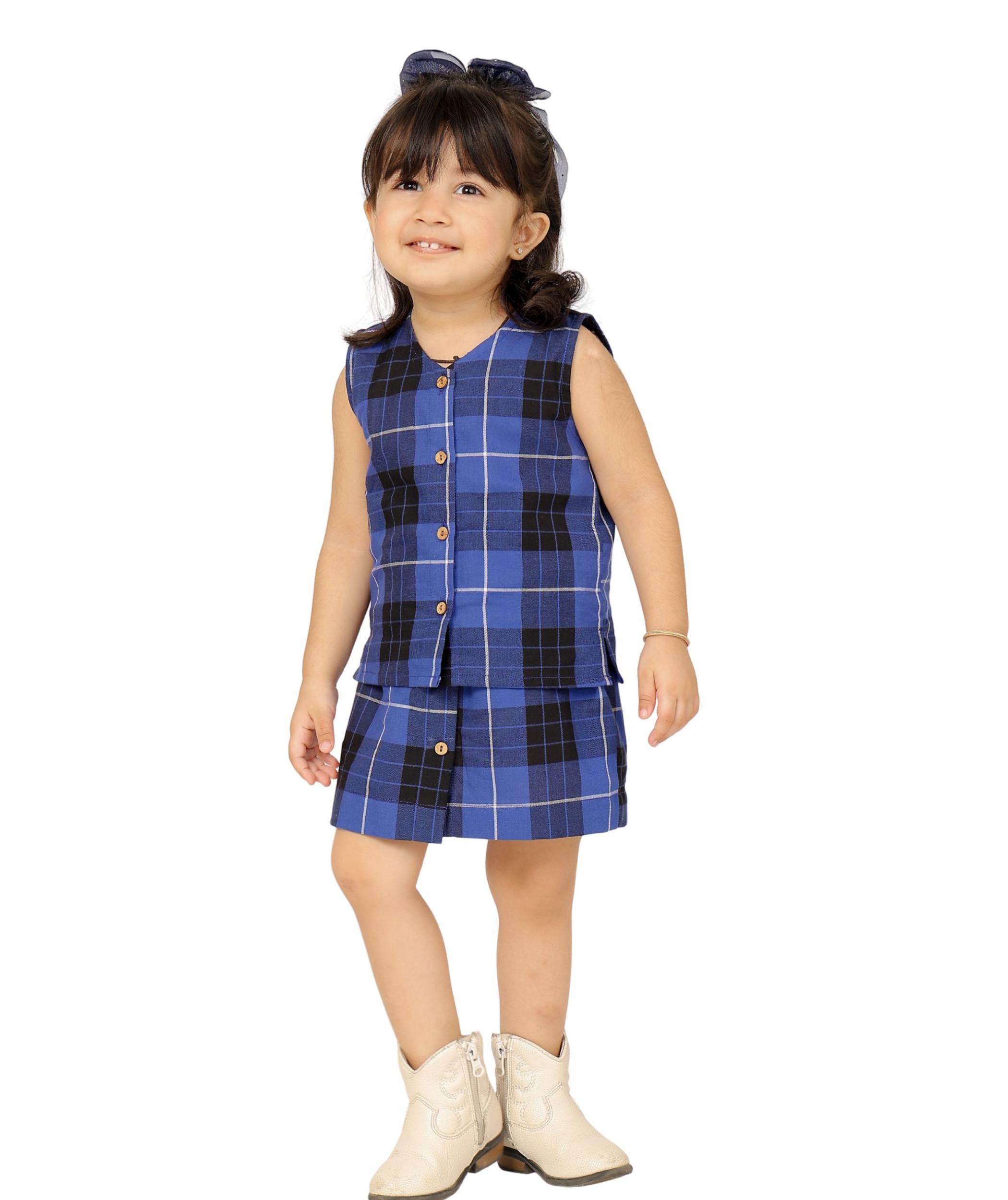 Tiny Bunnies Baby Girls Dress Cotton Clothes Top Skirt Co-ord Set 1 -2 Years Blue Checkered Children Summer Wear Kids Sleeveless Birthday Party Outfit 2-3 3-4