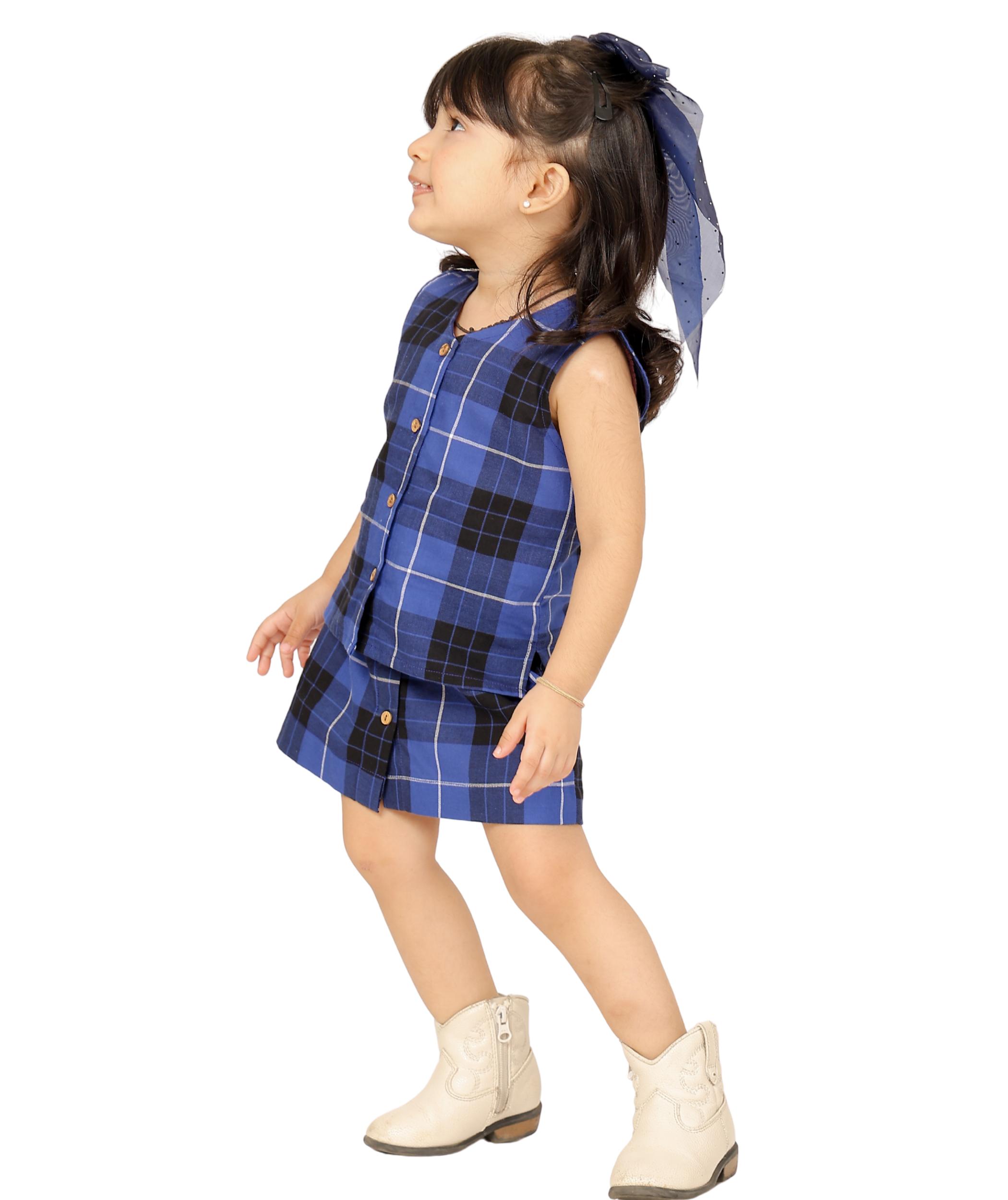 Tiny Bunnies Baby Girls Dress Cotton Clothes Top Skirt Co-ord Set 1 -2 Years Blue Checkered Children Summer Wear Kids Sleeveless Birthday Party Outfit 2-3 3-4
