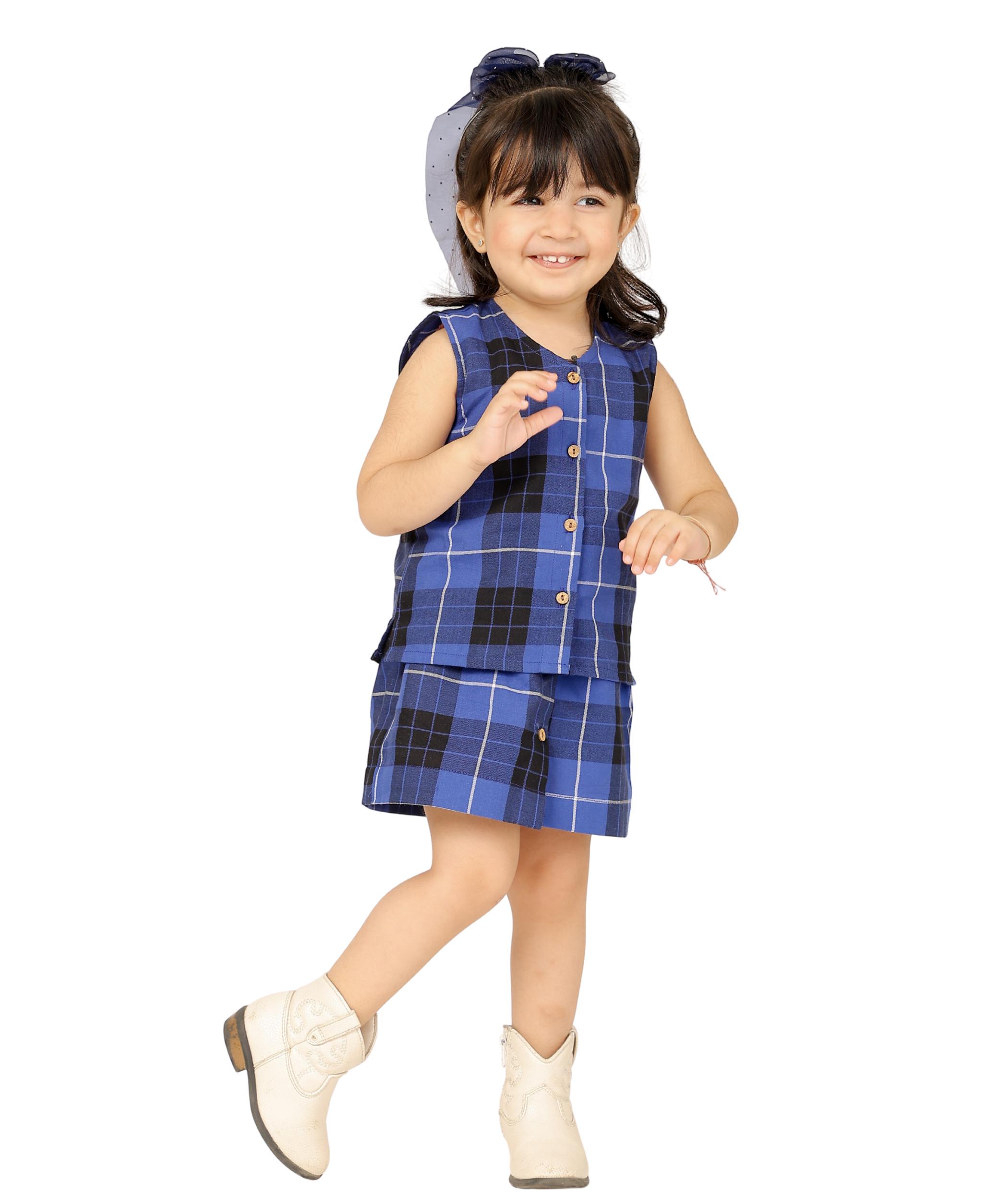 Tiny Bunnies Baby Girls Dress Cotton Clothes Top Skirt Co-ord Set 1 -2 Years Blue Checkered Children Summer Wear Kids Sleeveless Birthday Party Outfit 2-3 3-4