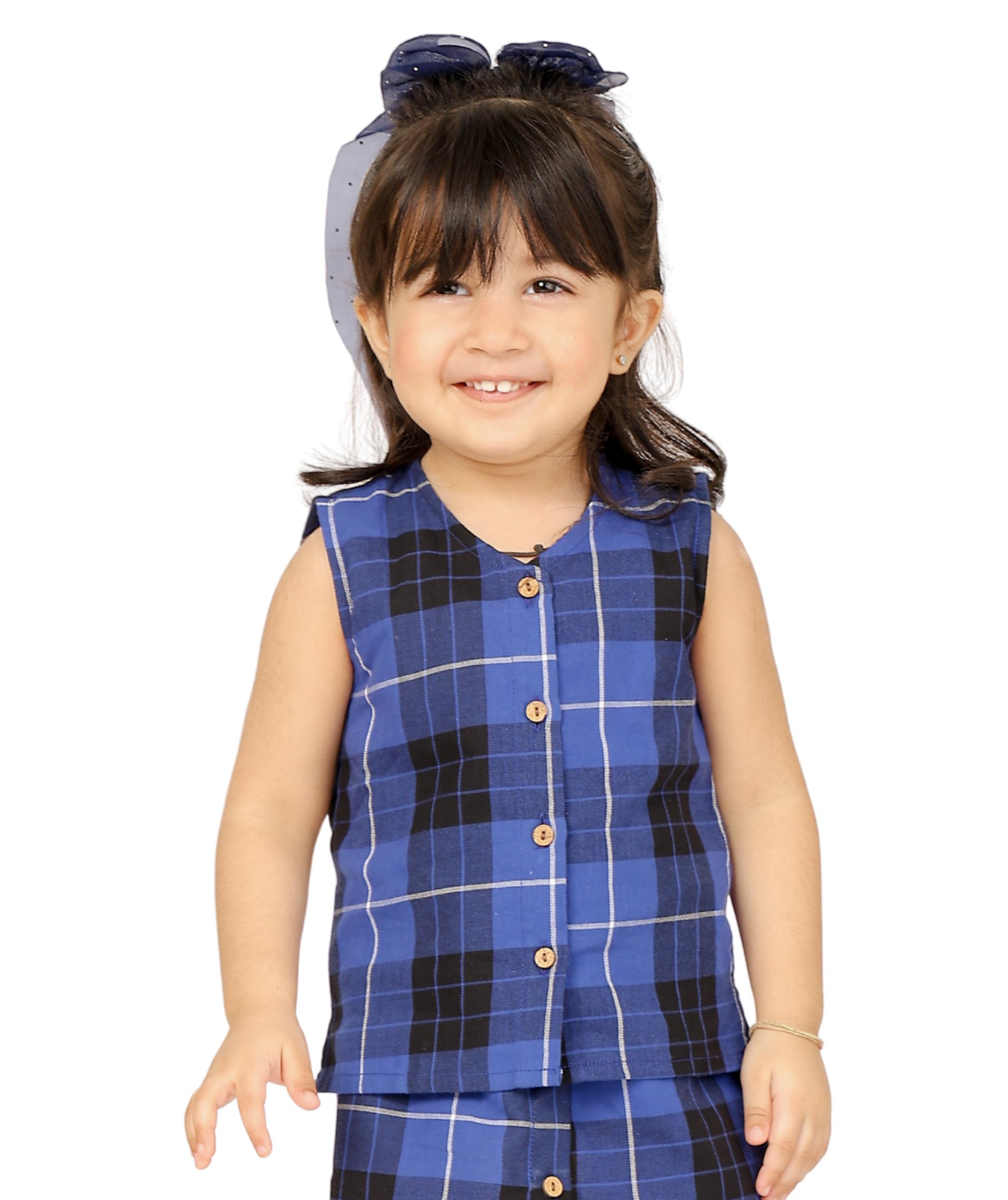 Tiny Bunnies Baby Girls Dress Cotton Clothes Top Skirt Co-ord Set 1 -2 Years Blue Checkered Children Summer Wear Kids Sleeveless Birthday Party Outfit 2-3 3-4