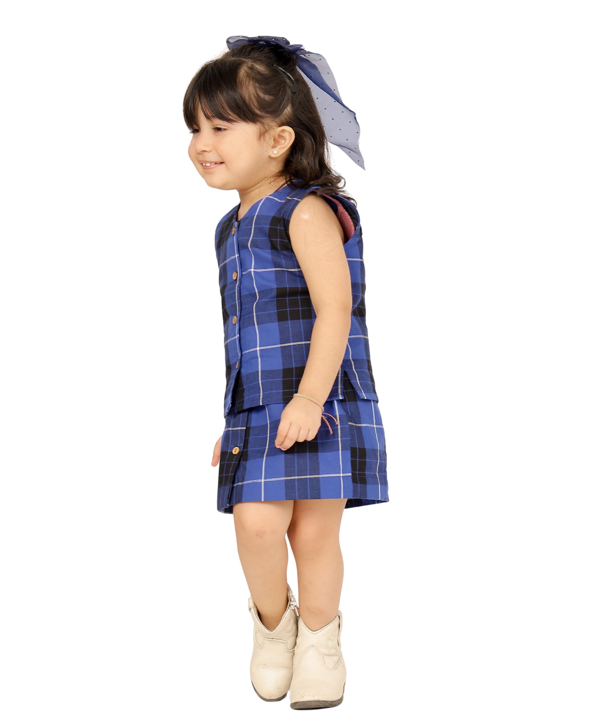 Tiny Bunnies Baby Girls Dress Cotton Clothes Top Skirt Co-ord Set 1 -2 Years Blue Checkered Children Summer Wear Kids Sleeveless Birthday Party Outfit 2-3 3-4