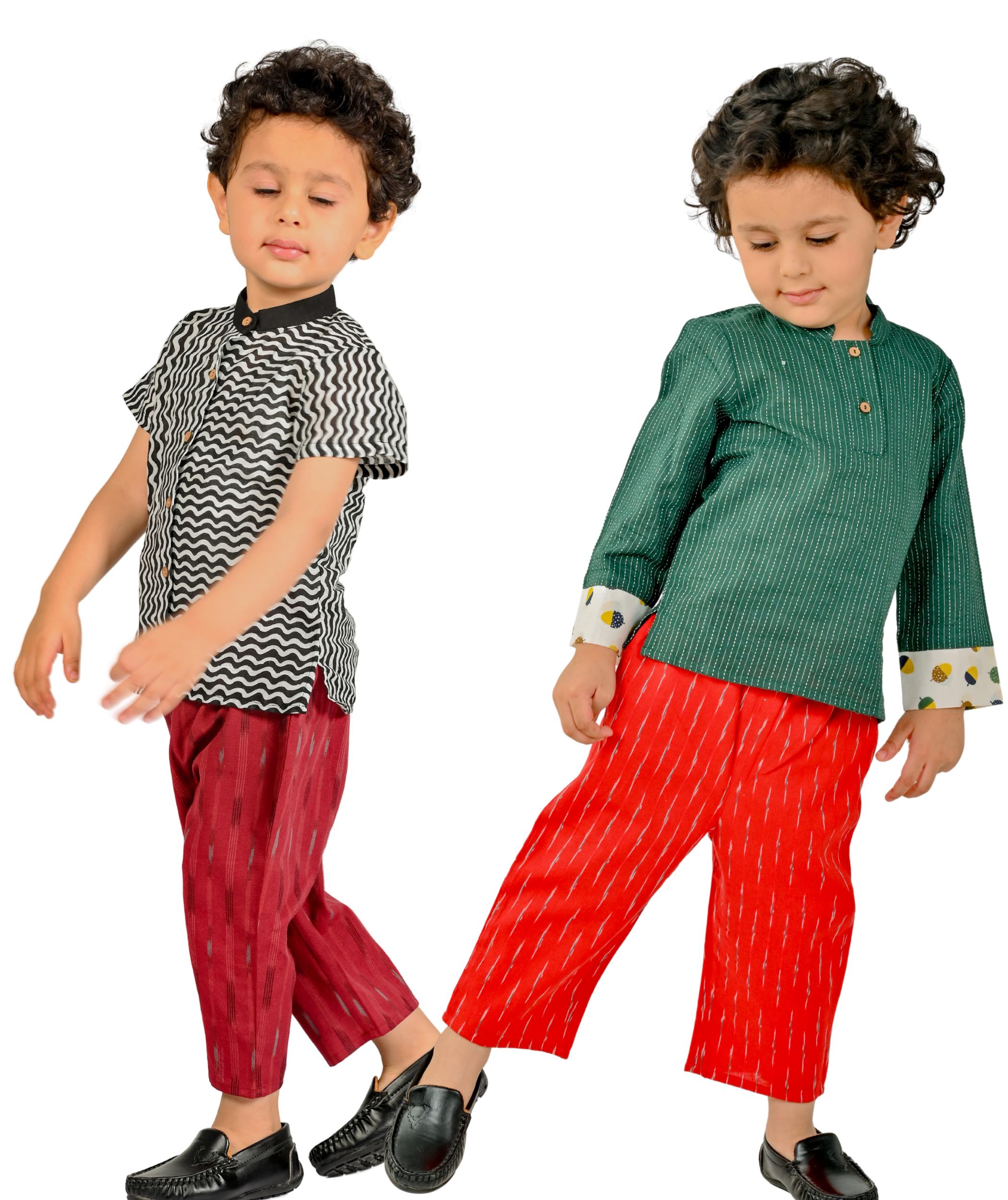 Tiny Bunnies Baby Boys Dresses Cotton Clothes Shirt Pant Set 1 To 4 Years Children Full Sleeves Party Outfits Kids Birthday Wear Black:Maroon & Green:Red Combo Pack Of 2