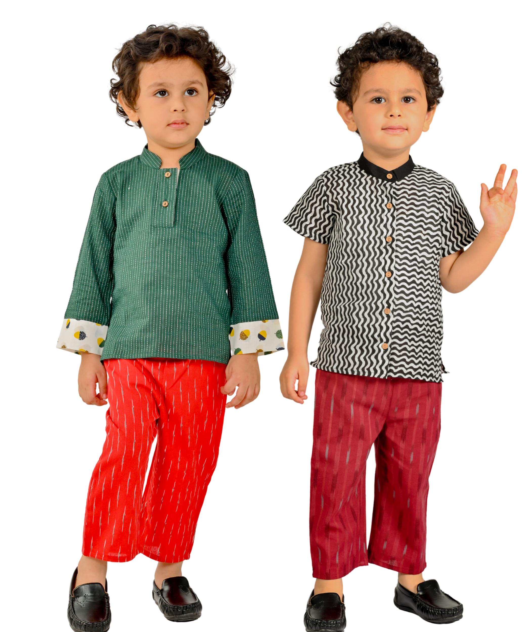 Tiny Bunnies Baby Boys Dresses Cotton Clothes Shirt Pant Set 1 To 4 Years Children Full Sleeves Party Outfits Kids Birthday Wear Black:Maroon & Green:Red Combo Pack Of 2