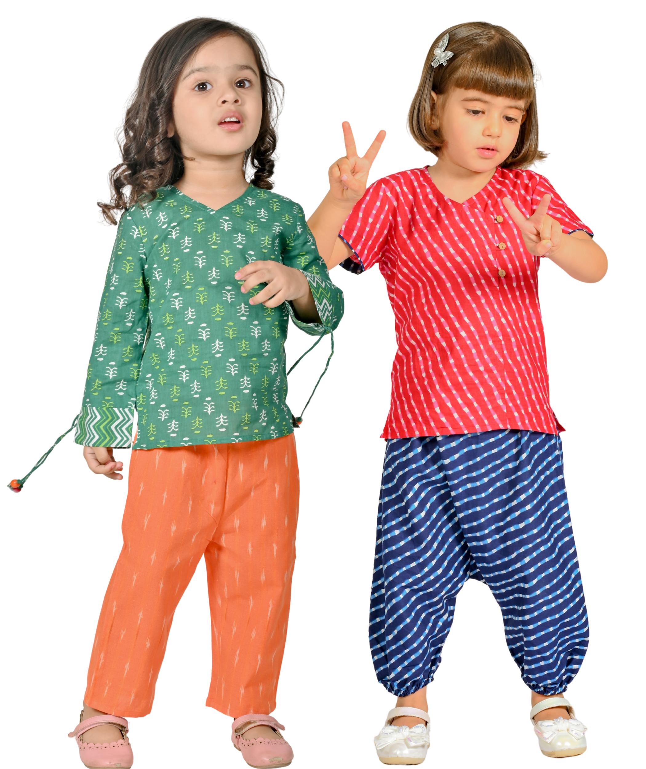 Baby Girls Dresses Cotton Clothes Top Pant Set 1-2 Years Kids Birthday Party Outfit Children Printed Summer Wear Green:Orange & Pink:Blue Tiny Bunnies 2-3 3-4