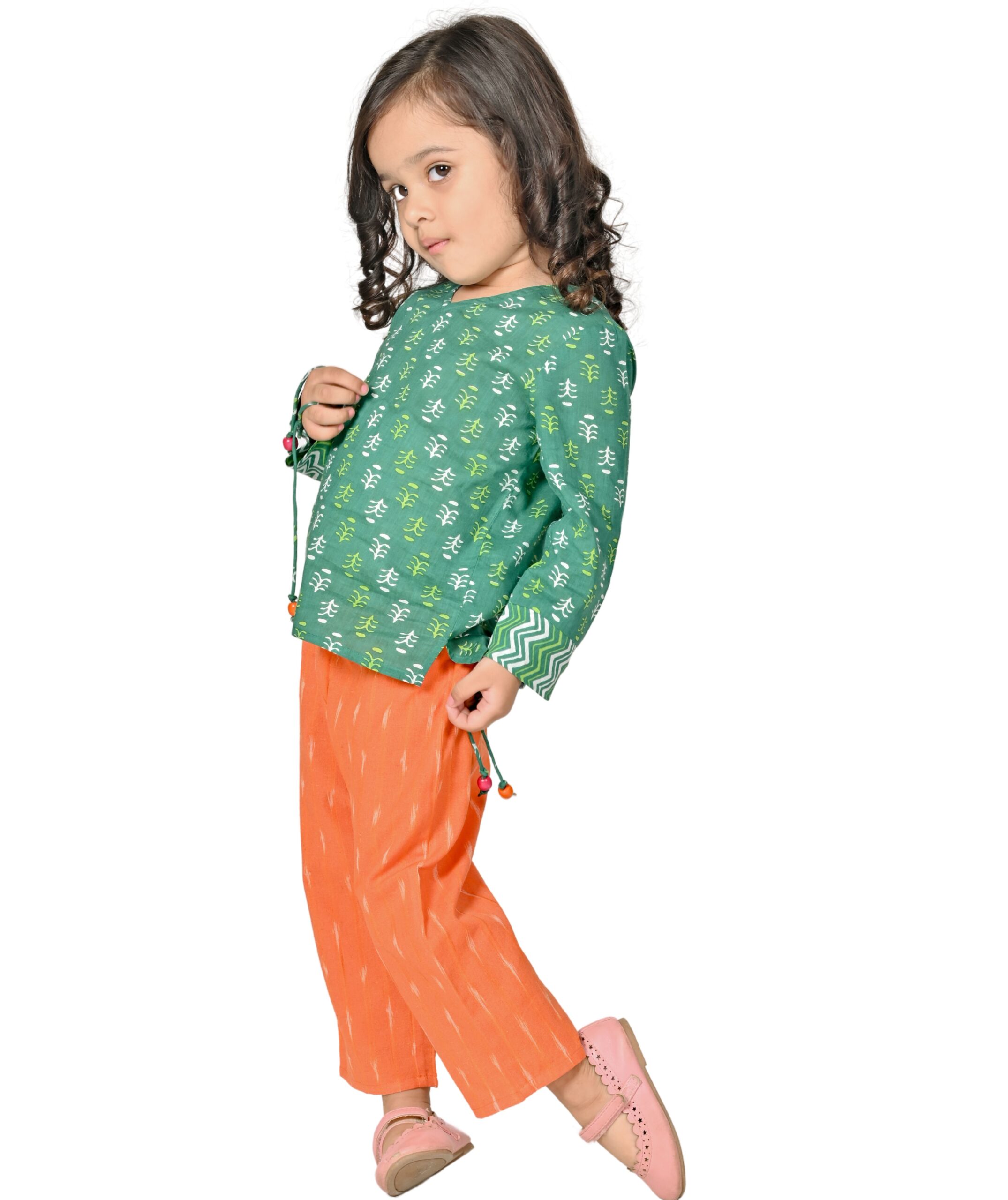 Baby Girls' Dress Cotton Clothes Top Pant Set 1-2 Years Green Orange Full Sleeves Ethnic Festival Wear Kids Printed Birthday Party Outfit Tiny Bunnies 2-3 3-4