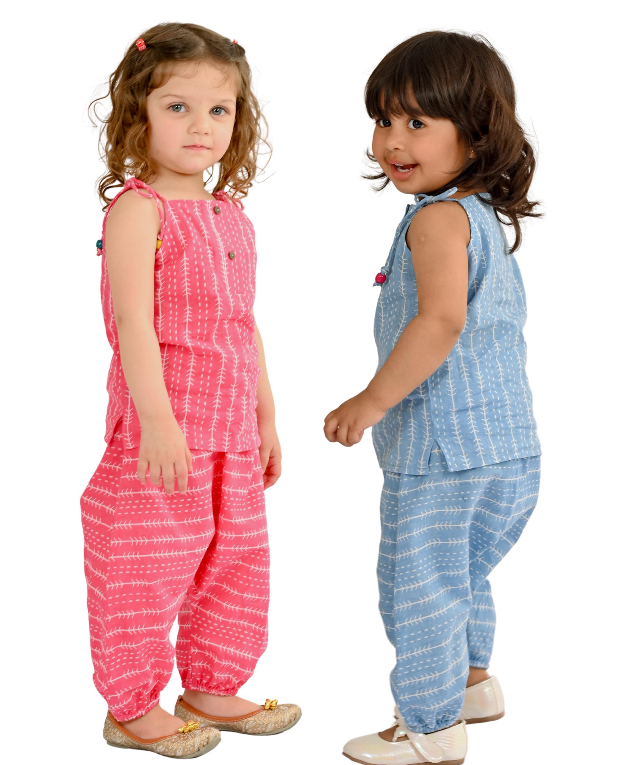 Tiny Bunnies Baby Girls' Dresses Cotton Clothes Top Pant Set 1 Year To 4 Years Kids Sleeveless Shoulder Tie Combos Children Birthday Party Outfits Pink & Blue