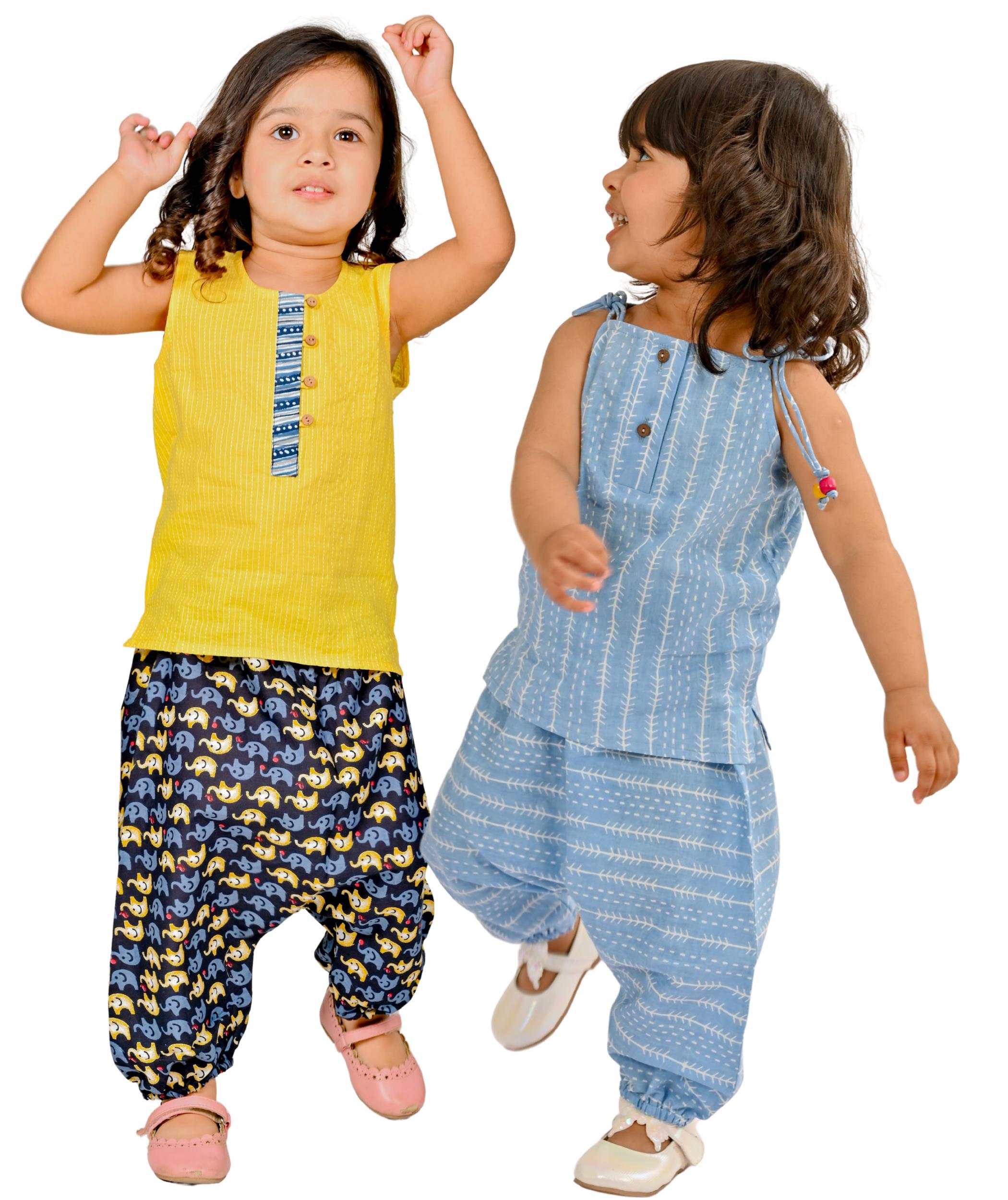 Baby Girls Dress Cotton Clothes Top Pant Set 1-2 Years Sleeveless Festival Wear Combo Children Birthday Party Outfits Blue & Yellow:Black Tiny Bunnies 2-3 3-4