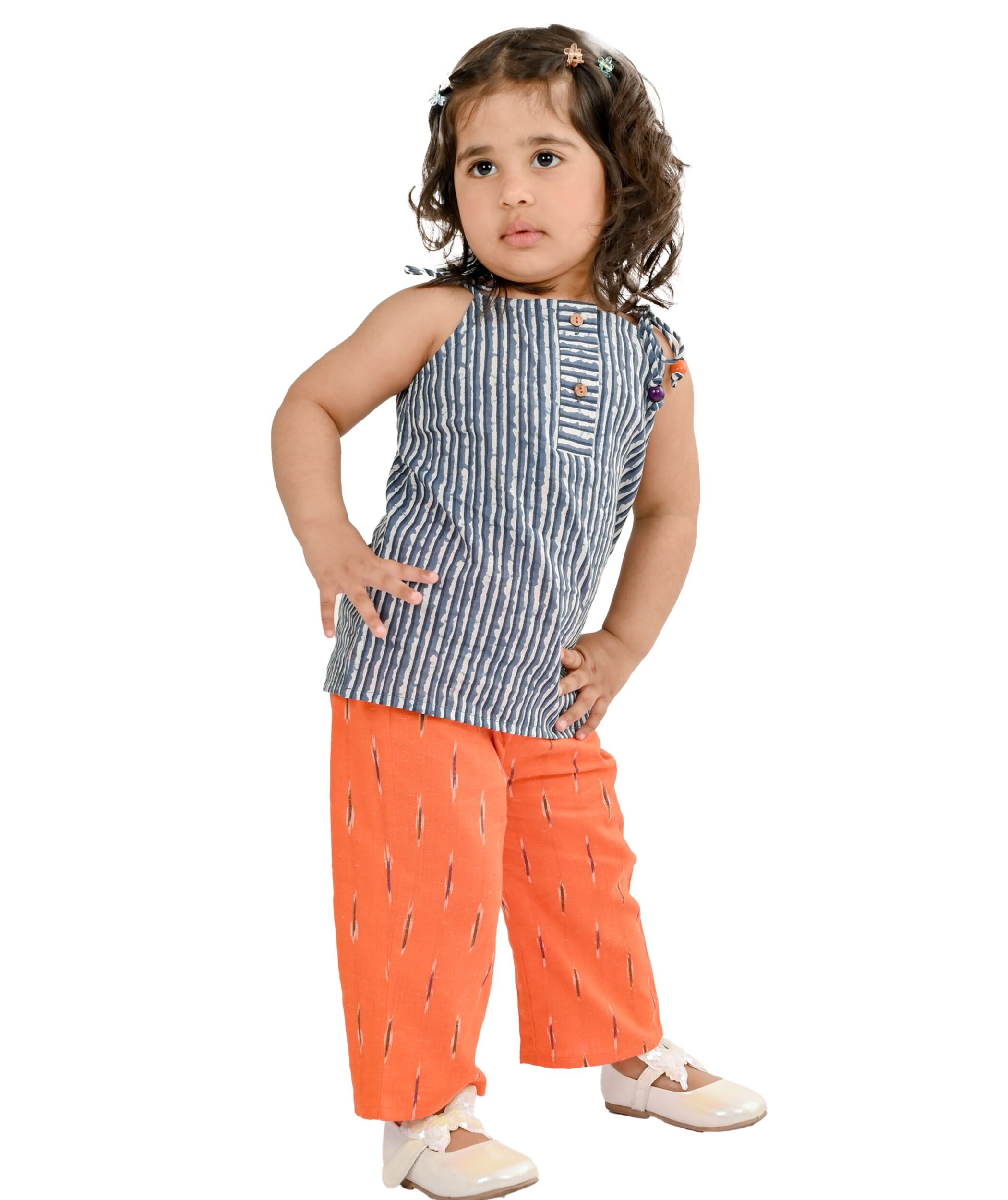 Baby Girls Dress Cotton Clothes Top Pant Set 1 To 4 Years Grey Orange Shoulder Tie Festival Wear Kids Stripes Print Birthday Party Outfit Tiny Bunnies