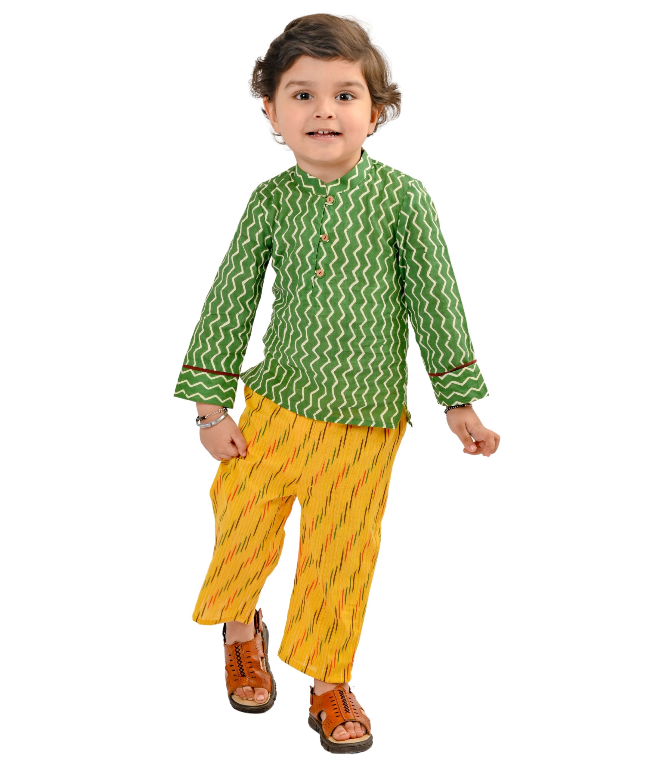 Baby Boys Cotton Shirt With Pant - Green & Yellow Clothing Set