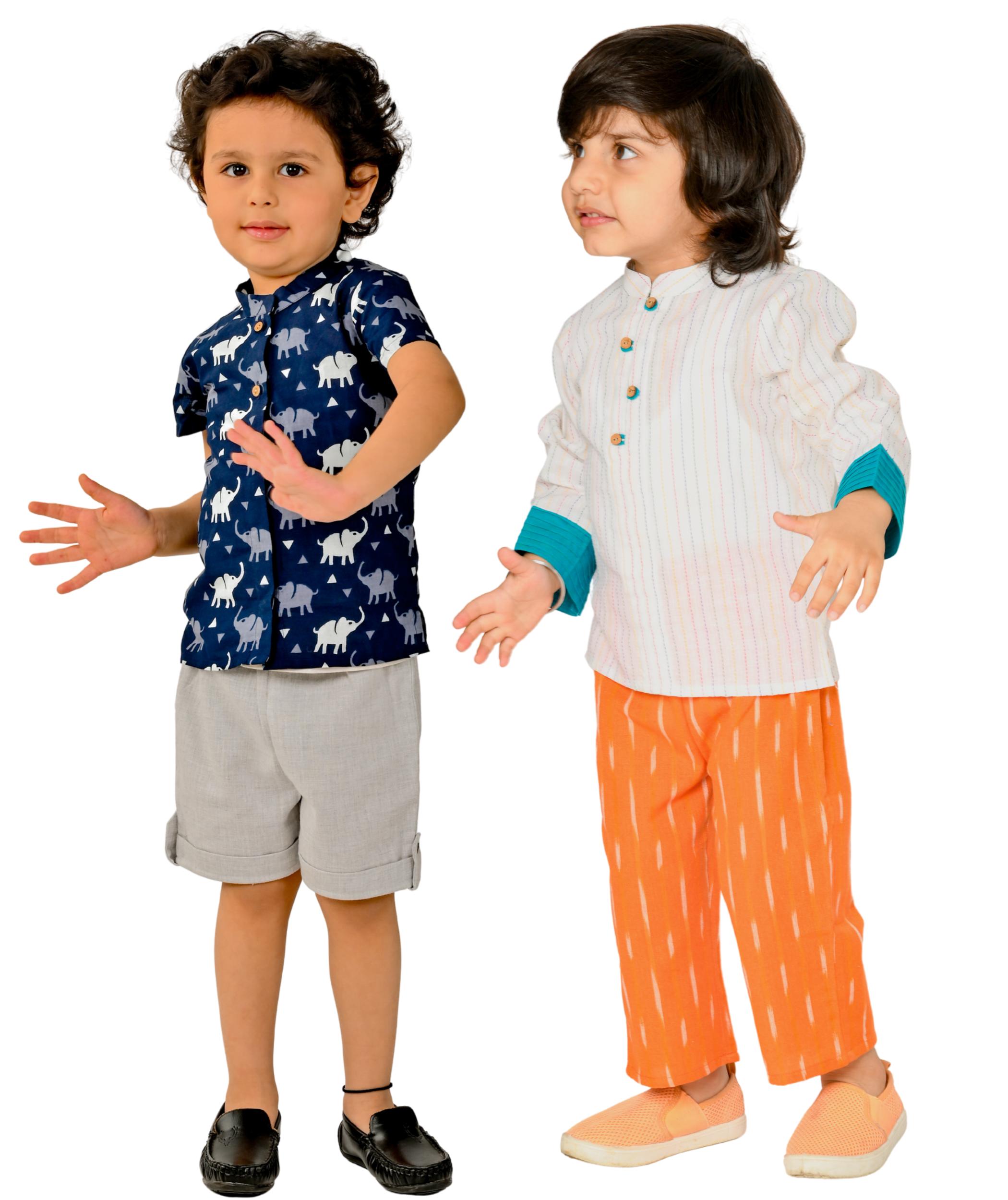 Baby Boys Cotton Shirt Pant shorts grey blue white orange Combo Set