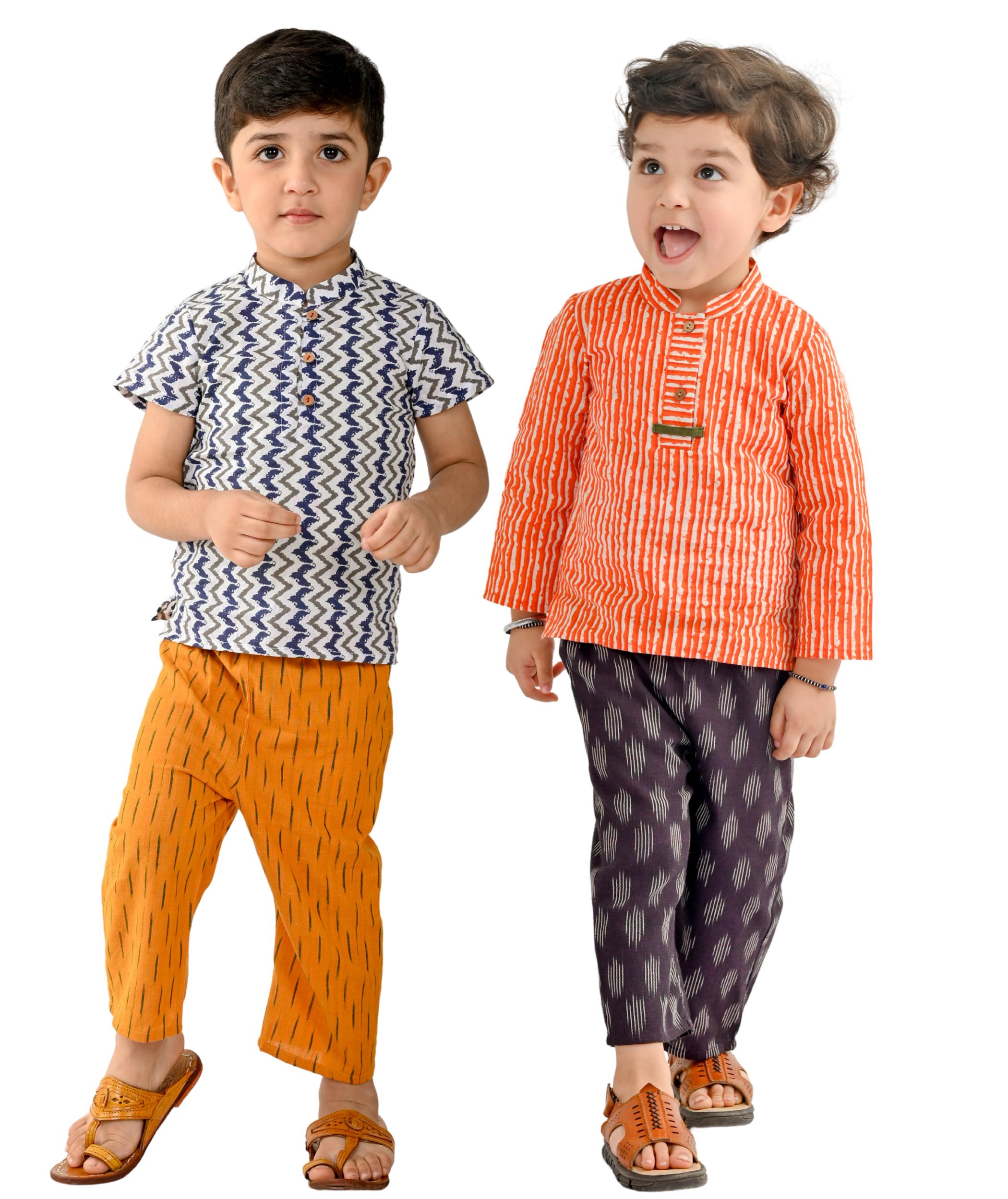 Baby Boys Cotton Shirt With Pant - White:Yellow & Red:Purple Combo Set