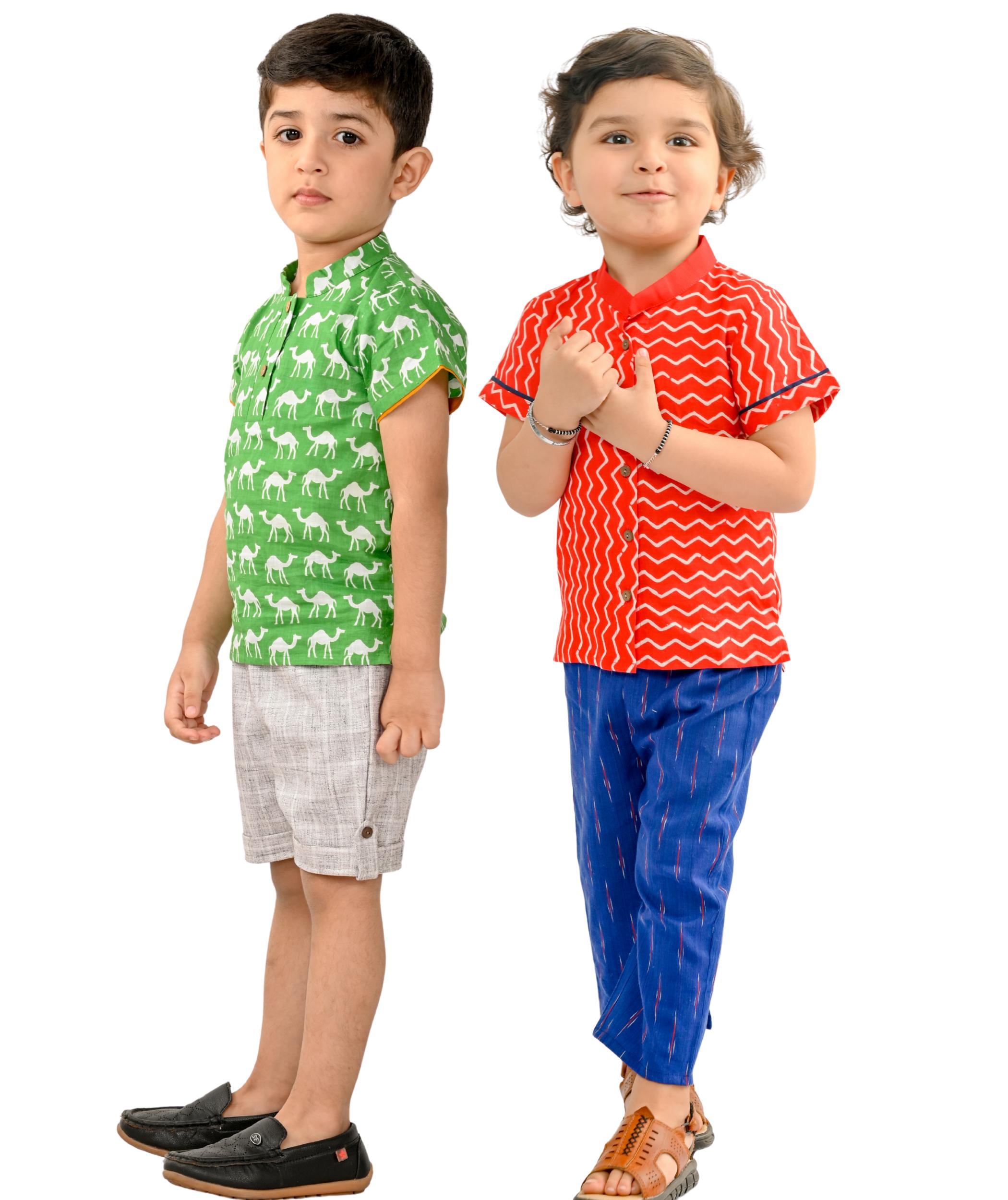 Kids Boys Summer Wear Clothes Sets - Green:Grey & Red:Blue
