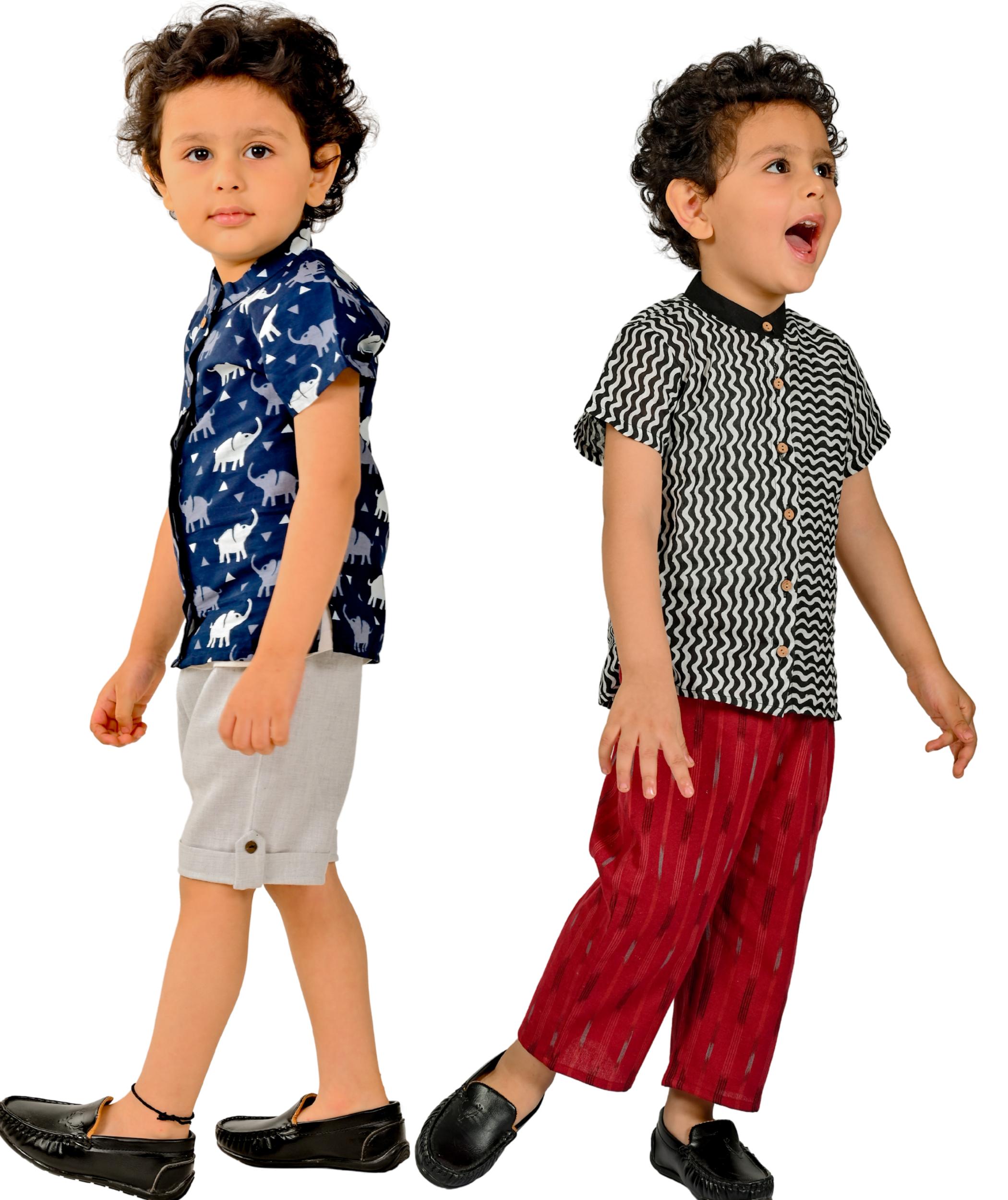 Baby Boys Cotton Shirt With Pant - Blue:Grey & Black:Maroon Combo Set